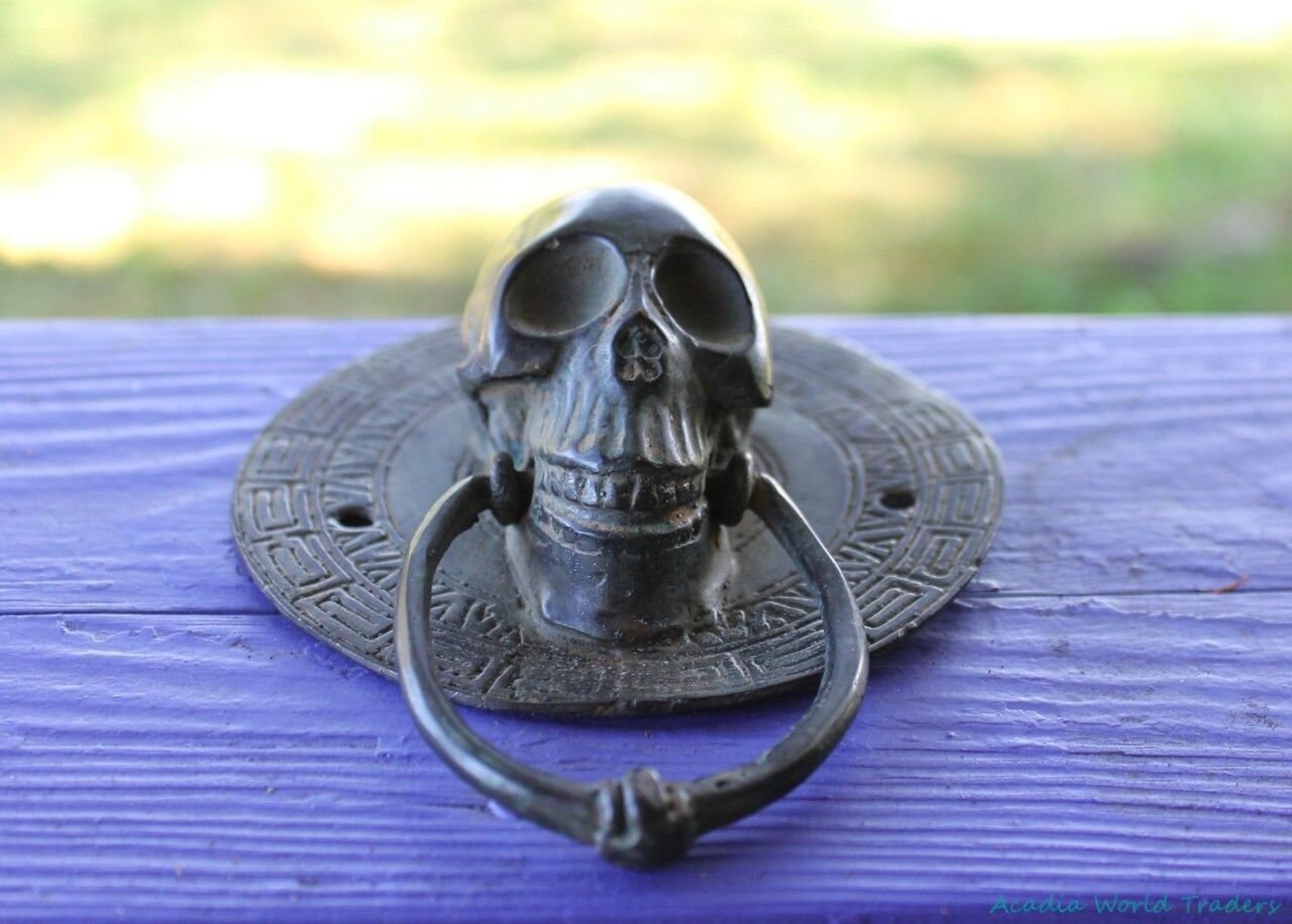 Vintage Gothic Skull Door Knocker Handle Verdigris Cast Bronze Balinese Art - Acadia World Traders