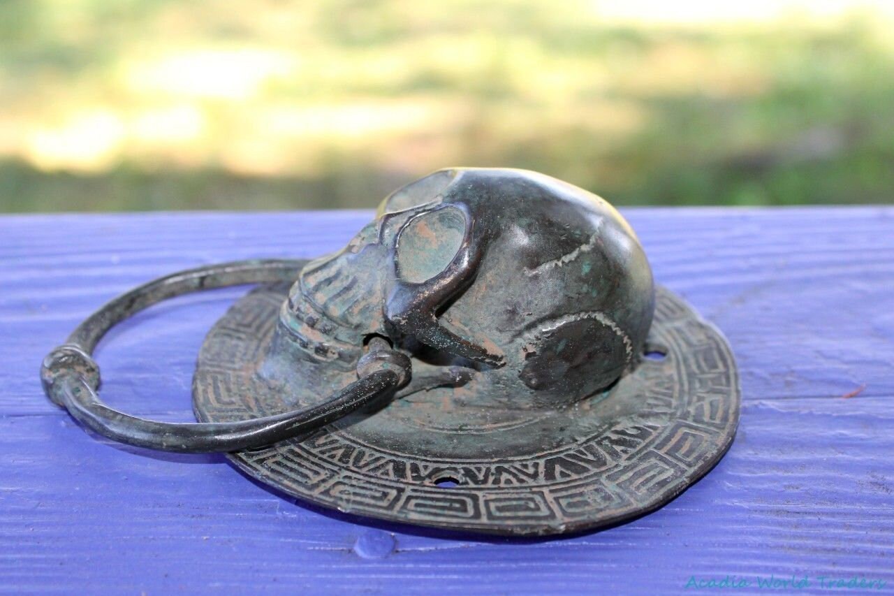 Vintage Gothic Skull Door Knocker Handle Verdigris Cast Bronze Balinese Art - Acadia World Traders
