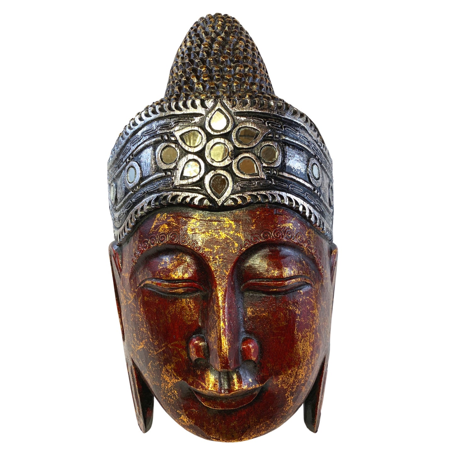 Sublime Buddha Mask Wooden Hand Carved Wall Sculpture Wood Carving Balinese Folk art Handmade Red Asian Boho Eclectic Decor - Acadia World Traders
