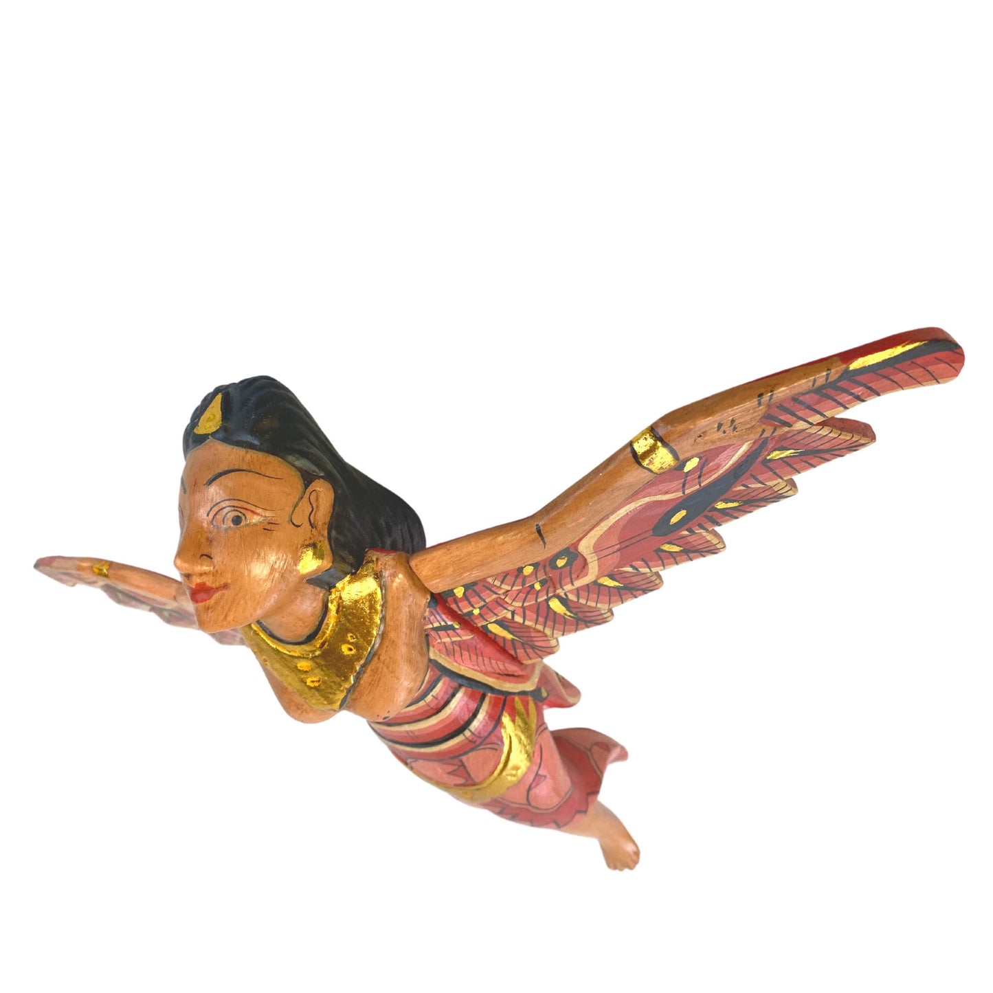 Flying Dewi Sri Goddess Demon Chaser Mobile Winged Carved Wood Bali art red 12"