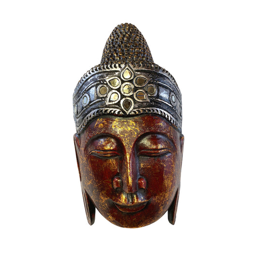 Sublime Buddha Mask Wooden Hand Carved Wall Sculpture Wood Carving Balinese Folk art Handmade Red Asian Boho Eclectic Decor - Acadia World Traders