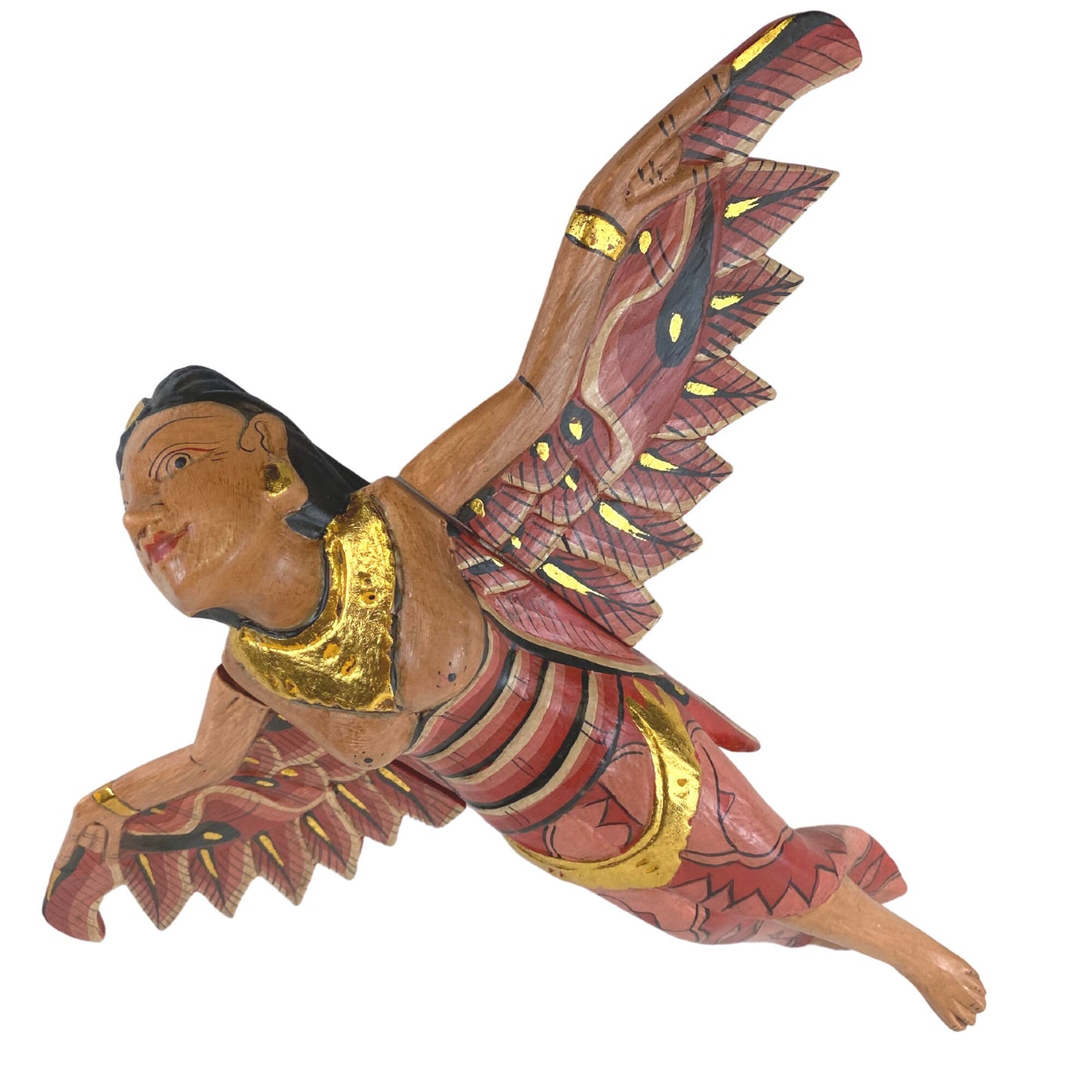 Flying Dewi Sri Goddess Demon Chaser Mobile Winged Carved Wood Bali art red 12"