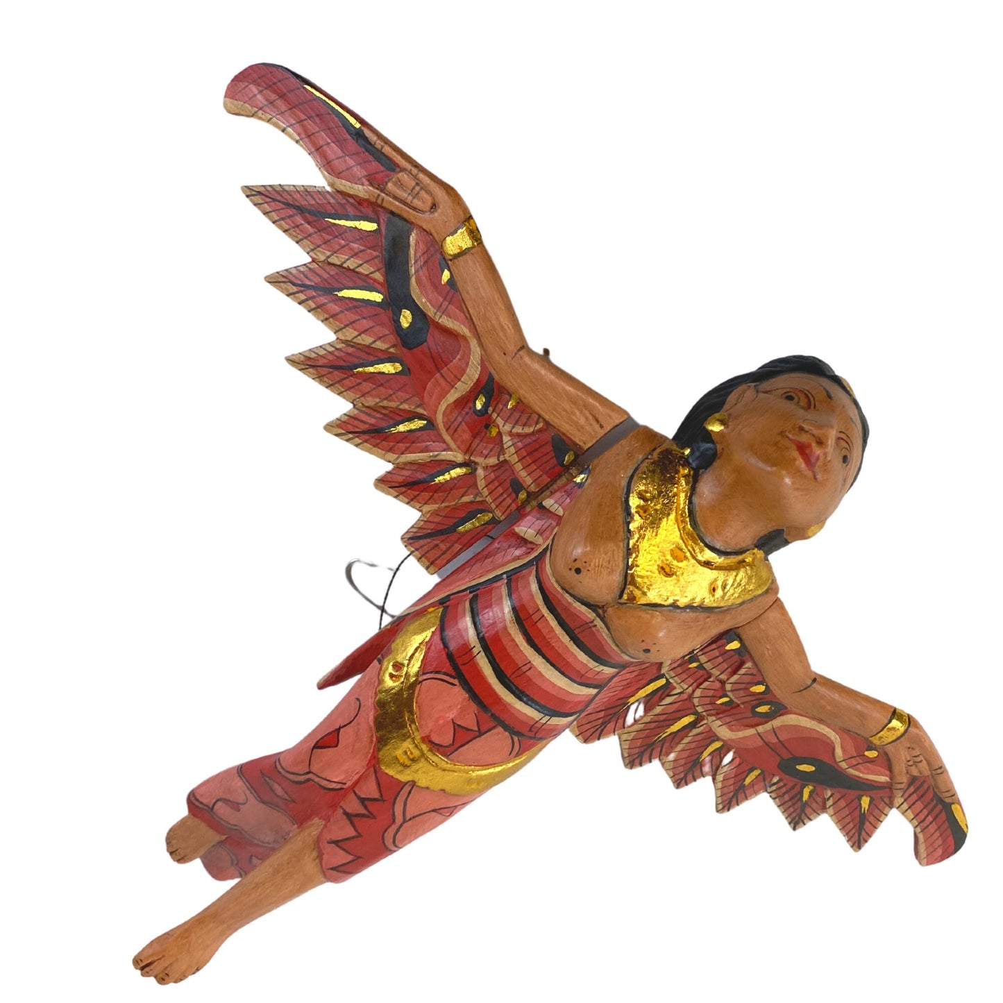 Flying Dewi Sri Goddess Demon Chaser Mobile Winged Carved Wood Bali art red 12"
