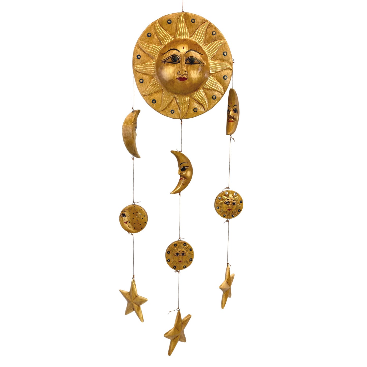 Sun Moon Stars Hanging Mobile Hand Carved Painted Wood Carving Balinese Sunburst Celestial Bodies Bali Folk Art Man in the Moon beige - Acadia World Traders