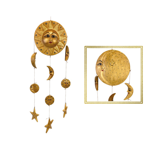 Sun Moon Stars Hanging Mobile Hand Carved Painted Wood Carving Balinese Sunburst Celestial Bodies Bali Folk Art Man in the Moon beige - Acadia World Traders