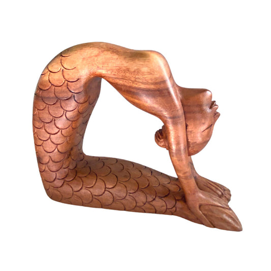 Yoga Mermaid Statue Figurine Ustrasana Pose Hand Made Carved Wood Balinese Art