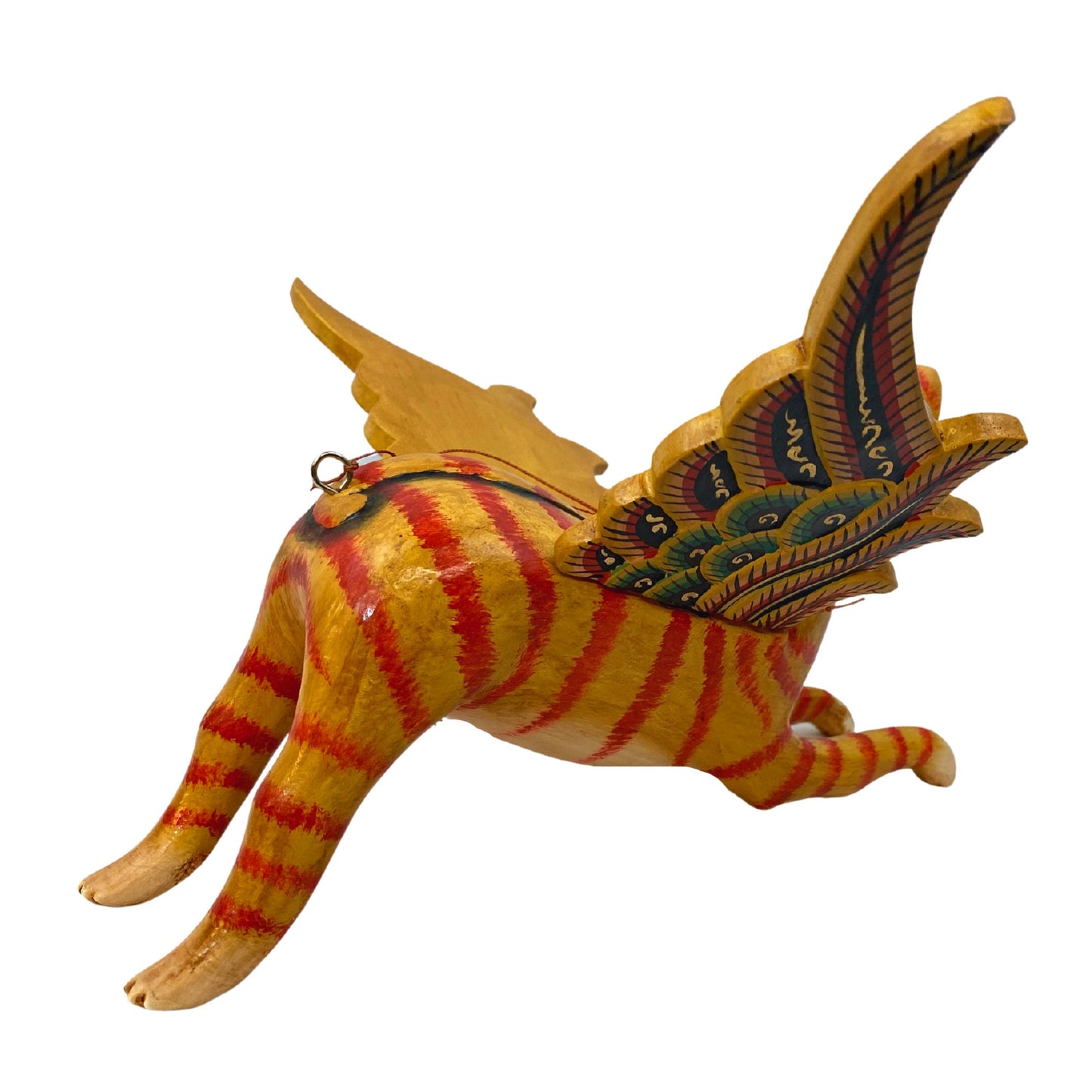 Winged Cat Orange Tiger Striped Ginger kitty MOBILE Spiritchaser cradle guardian demon chaser hand carved wood carving Balinse Folk Art