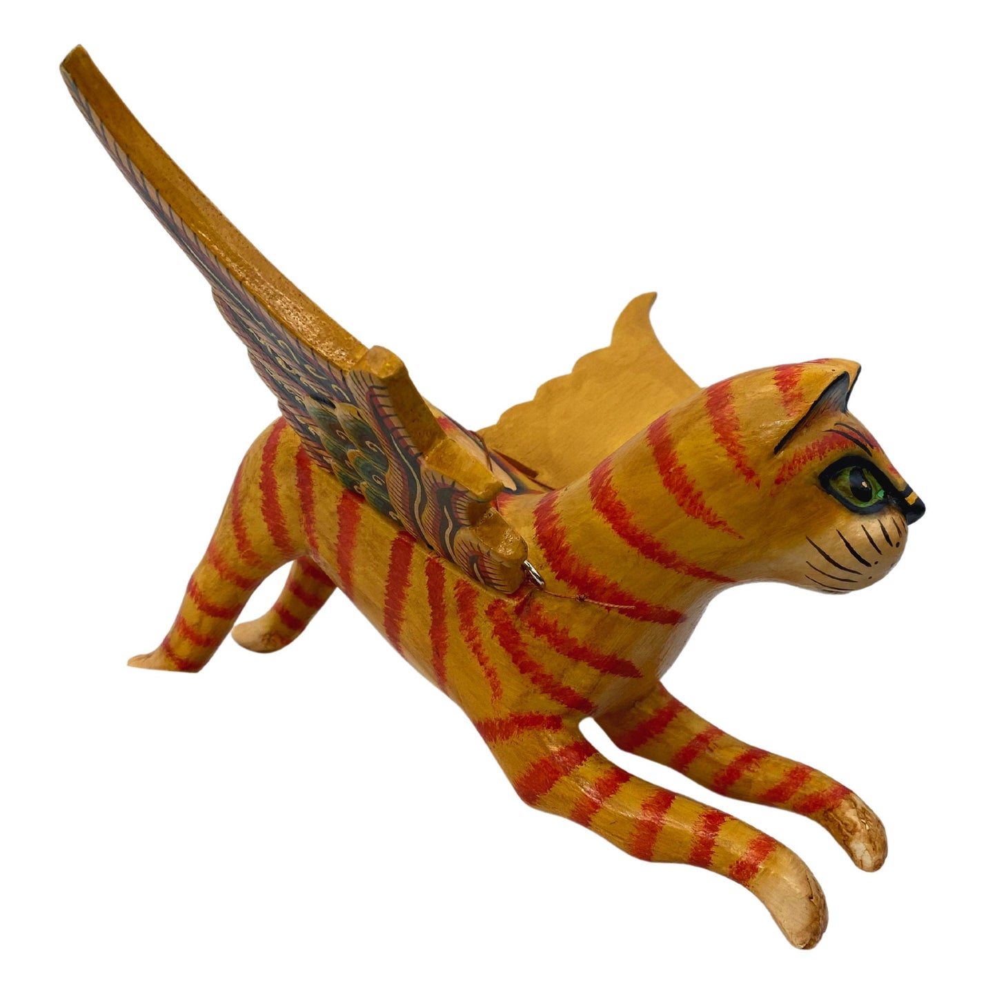Winged Cat Orange Tiger Striped Ginger kitty MOBILE Spiritchaser cradle guardian demon chaser hand carved wood carving Balinse Folk Art