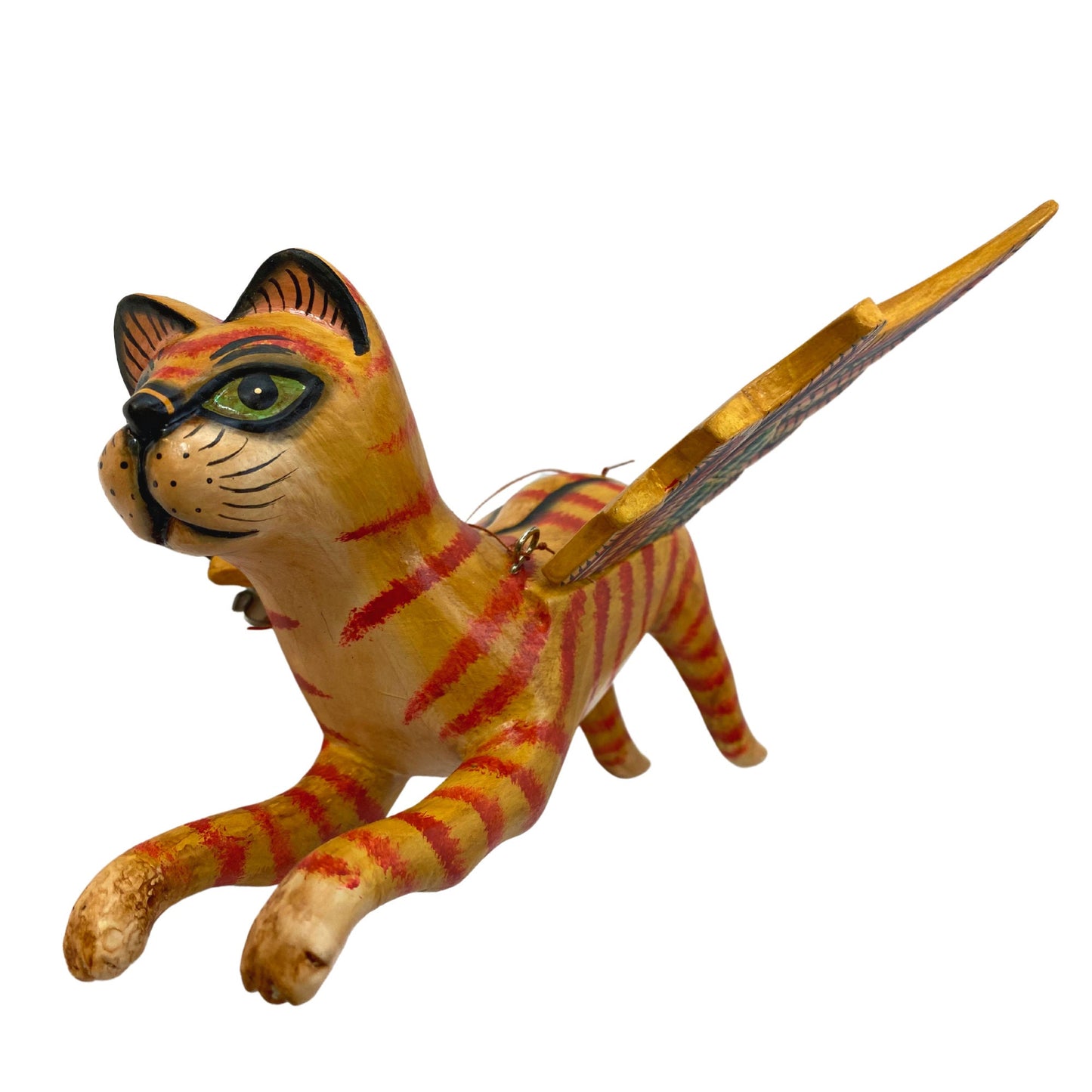 Flying Ginger Cat Spiritchaser Mobile, Carved Wood Balinese Folk Art Carving, Orange Striped Kitty