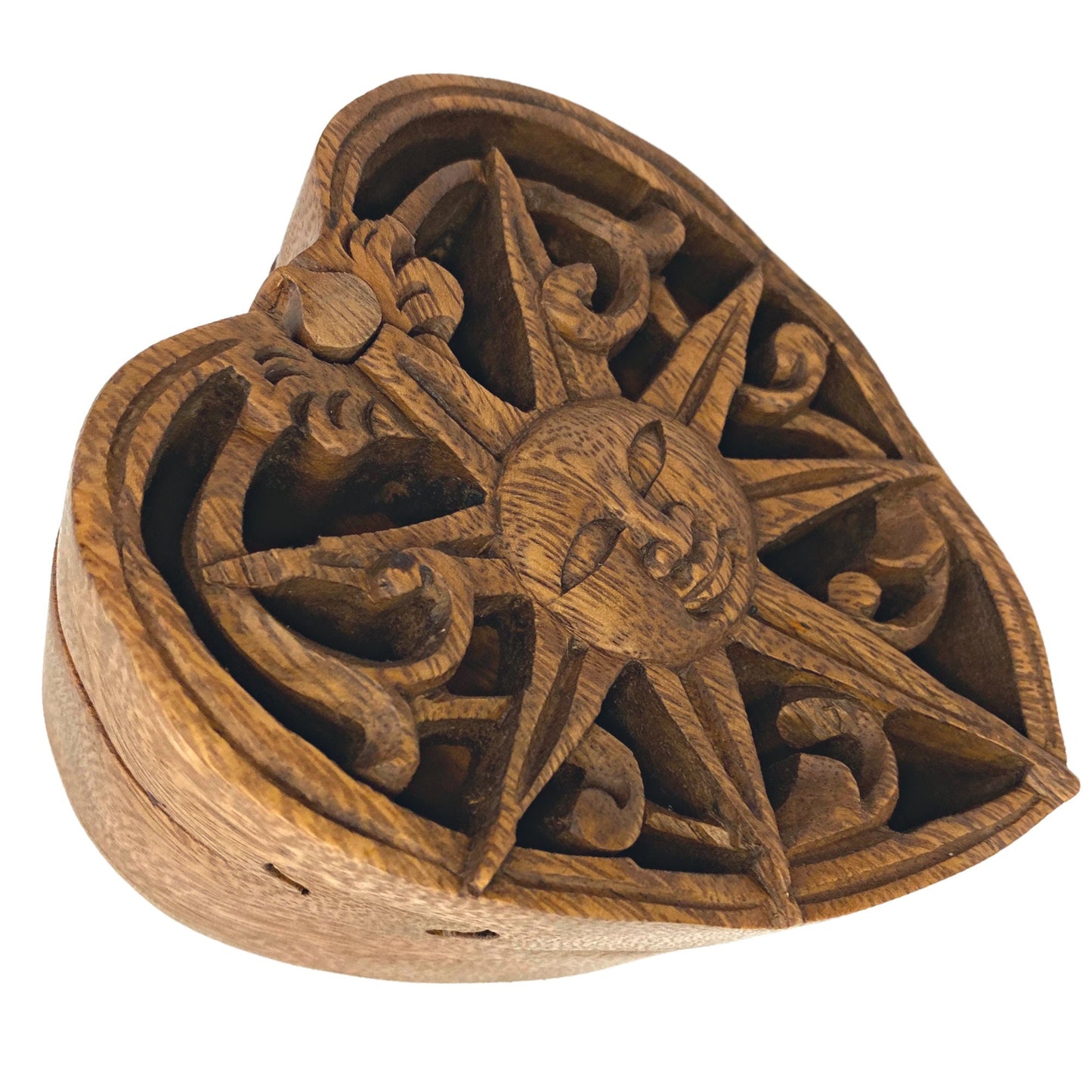 Celestial Sun Sunheart Sunburst Heart Smiling Sun Secret puzzle Box Stash Jewelry gift Box Trinket Box Hand carved suar wood Bali Art