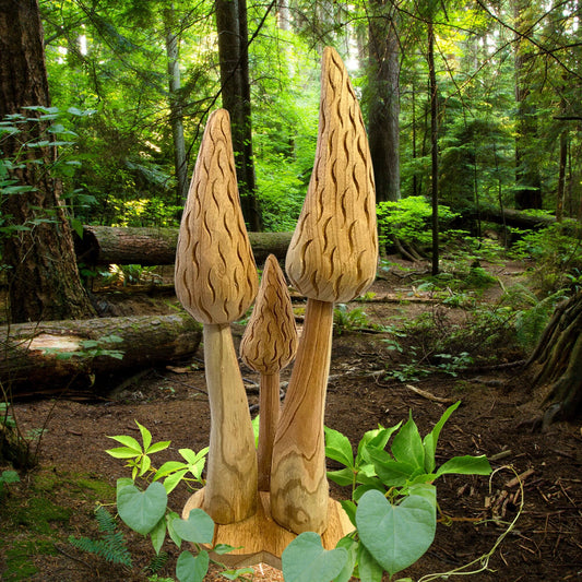 Wild Forest Morel Mushroom Toadstool Wood Carving Statue Hand Carved wood Balinese Art Sculpture Cottagecore Forest Fall Decor