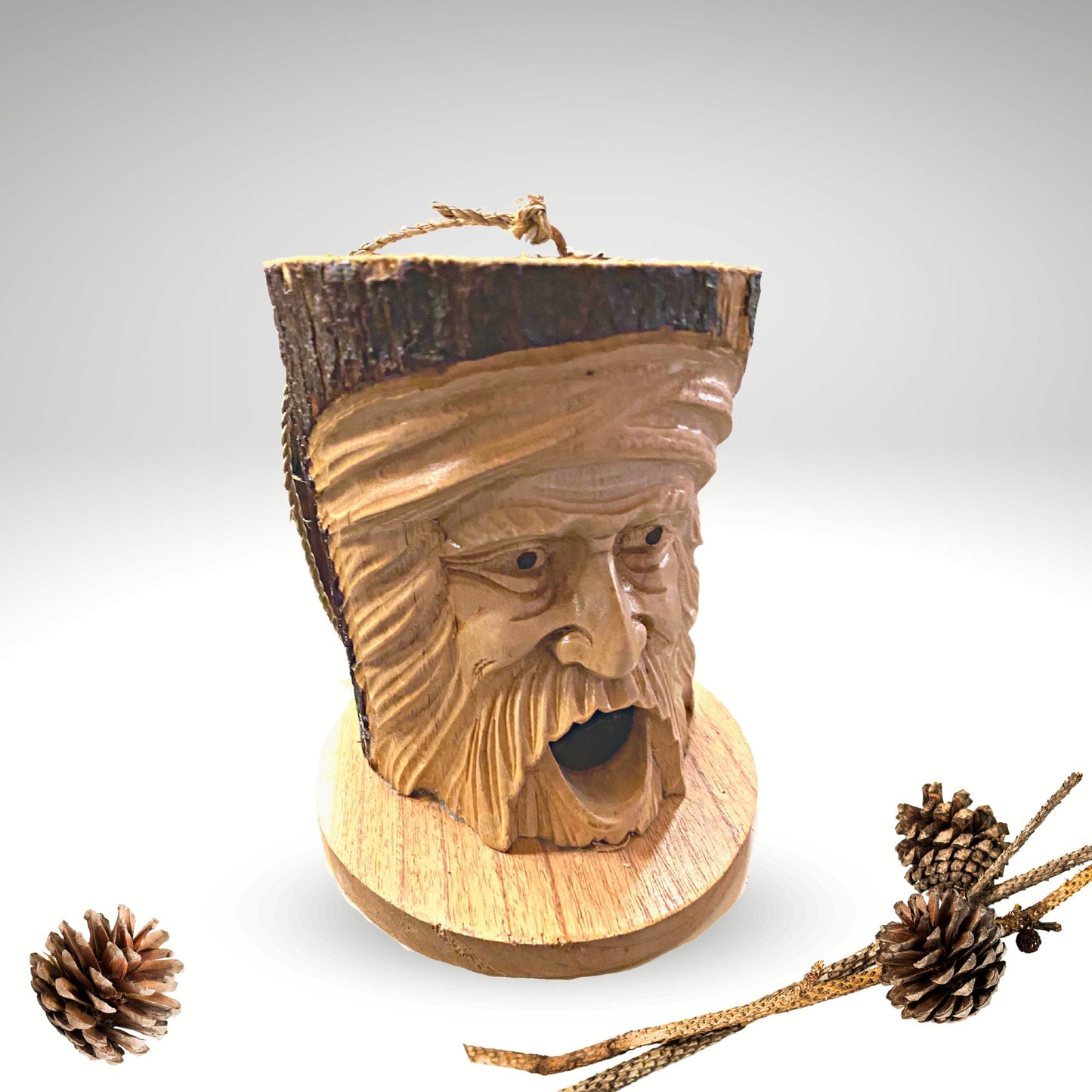 Hand Carved Wood Forest Spirit Birdhouse: Rustic Bird House Garden Art
