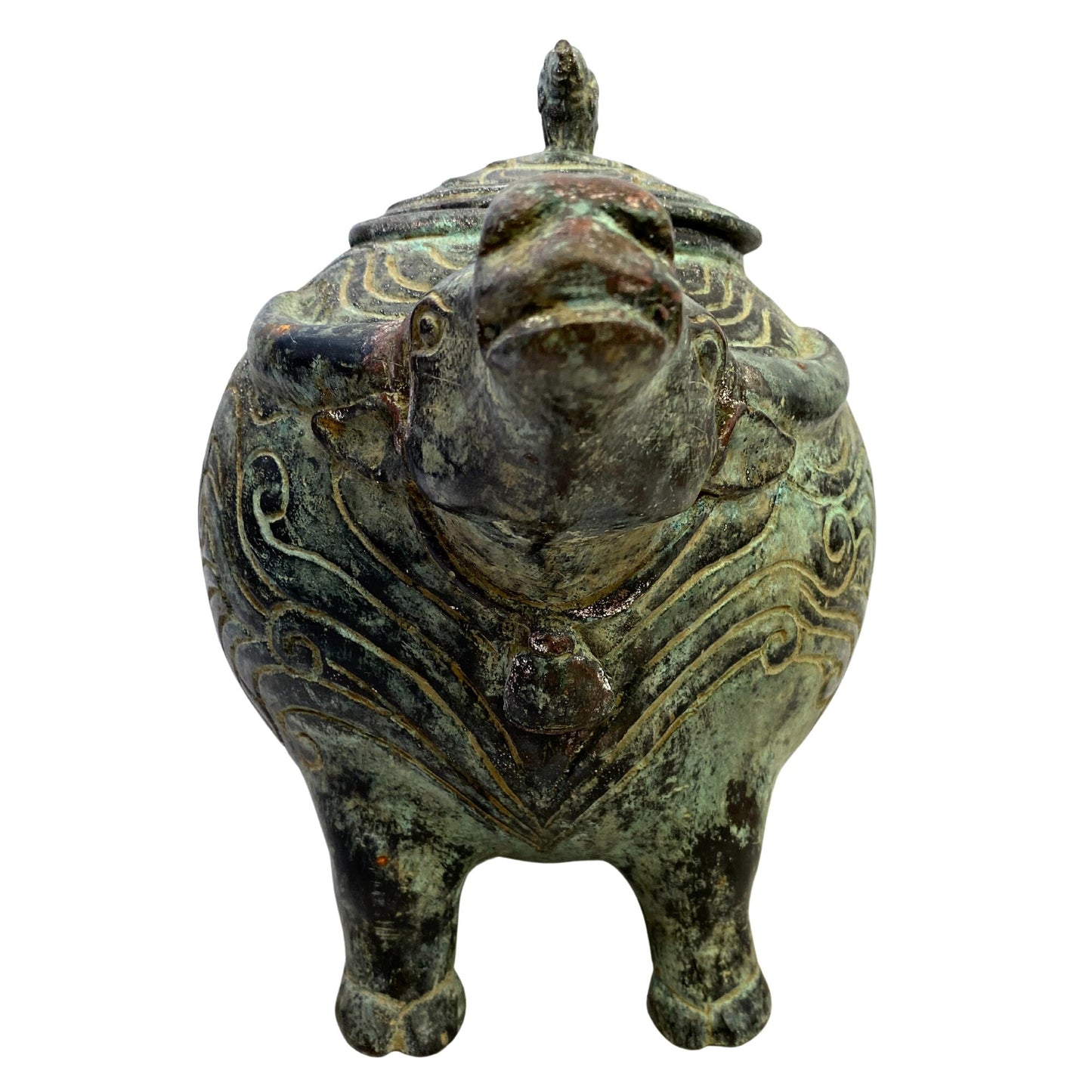 Tribal Water Buffalo Bull Betel Nut Lime Medicine Container Vessel Stash Box Vintage Sumatran Verdigris Bronze Metal Indonesian Folk Art