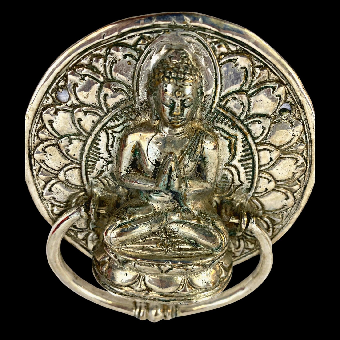 Buddha Lotus Pose Door Knocker Handle knob Door Pull Cast Silvered Bronze Namaskar Balinese Art