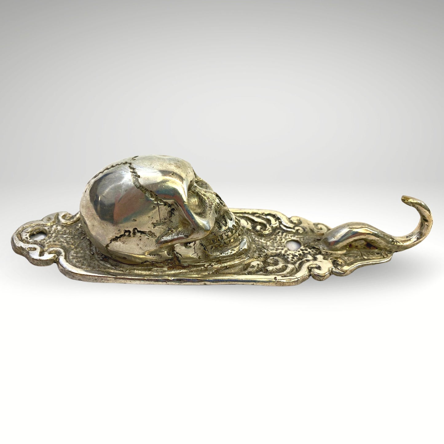 Gothic Human Skull Replica Skeleton Wall Coat Hook Key Towel Hook Handmade silver overlay Bronze Metal Cast Bali Art