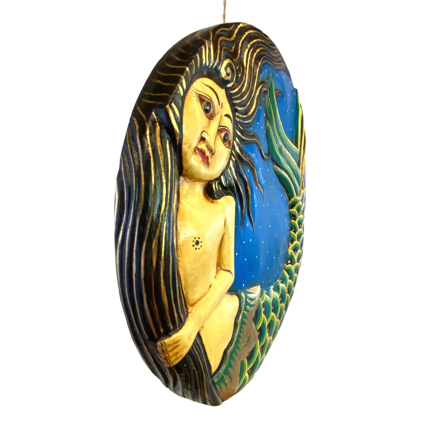 Balinese Mermaid Hanging Mobile Moon Goddess Hanging Mobile Hand Carved & Painted Wood Carving Celestial Moon Stars Bali Folk Art