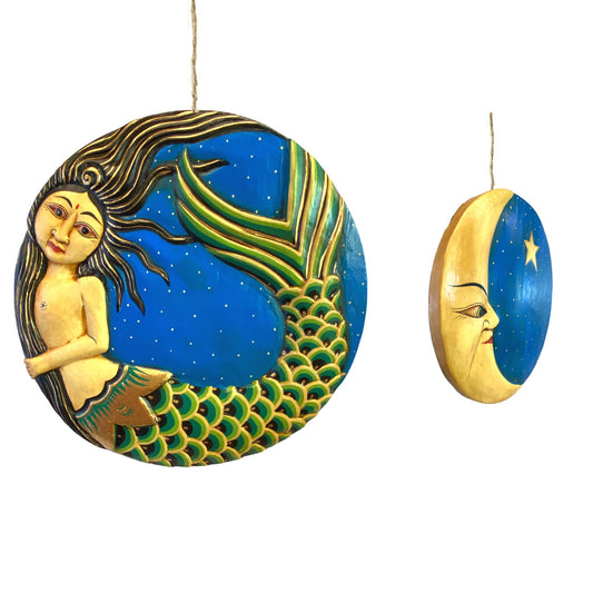 Balinese Mermaid Hanging Mobile Moon Goddess Hanging Mobile Hand Carved & Painted Wood Carving Celestial Moon Stars Bali Folk Art