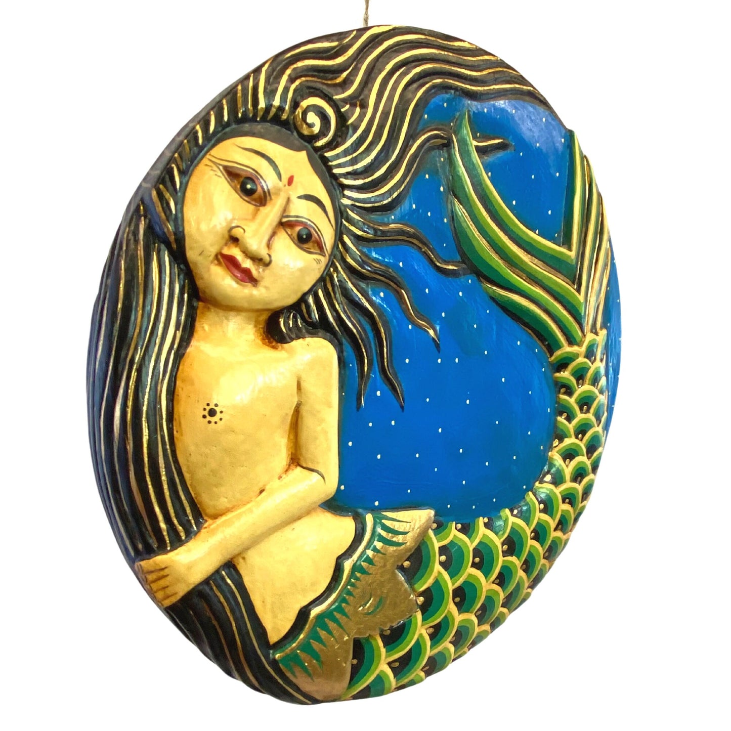Balinese Mermaid Hanging Mobile Moon Goddess Hanging Mobile Hand Carved & Painted Wood Carving Celestial Moon Stars Bali Folk Art