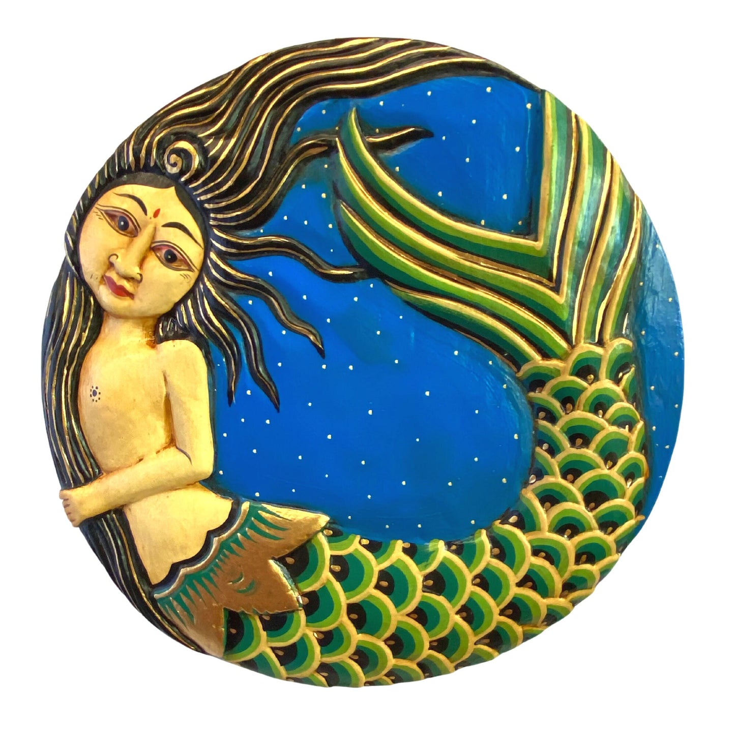 Balinese Mermaid Hanging Mobile Moon Goddess Hanging Mobile Hand Carved & Painted Wood Carving Celestial Moon Stars Bali Folk Art