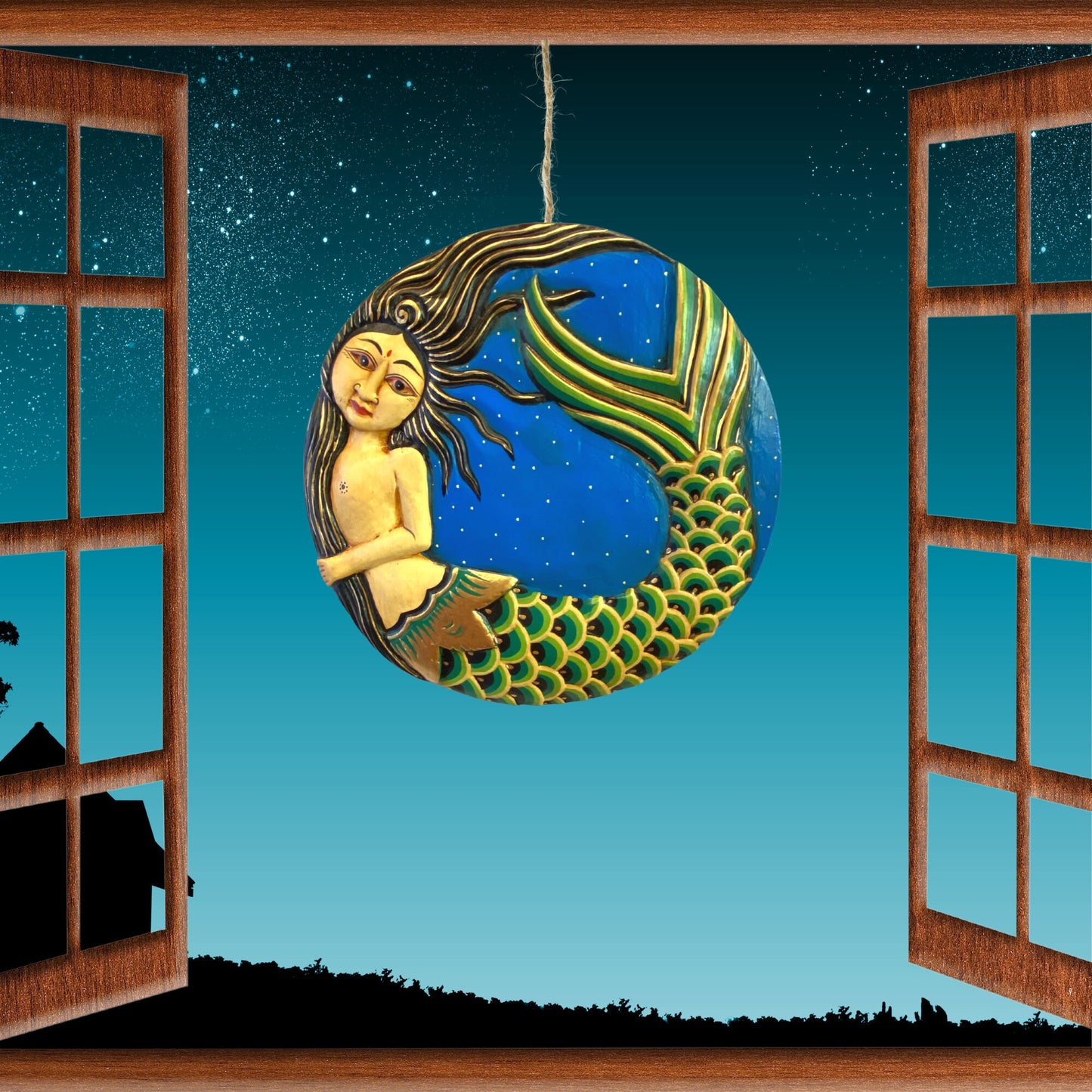 Balinese Mermaid Hanging Mobile Moon Goddess Hanging Mobile Hand Carved & Painted Wood Carving Celestial Moon Stars Bali Folk Art