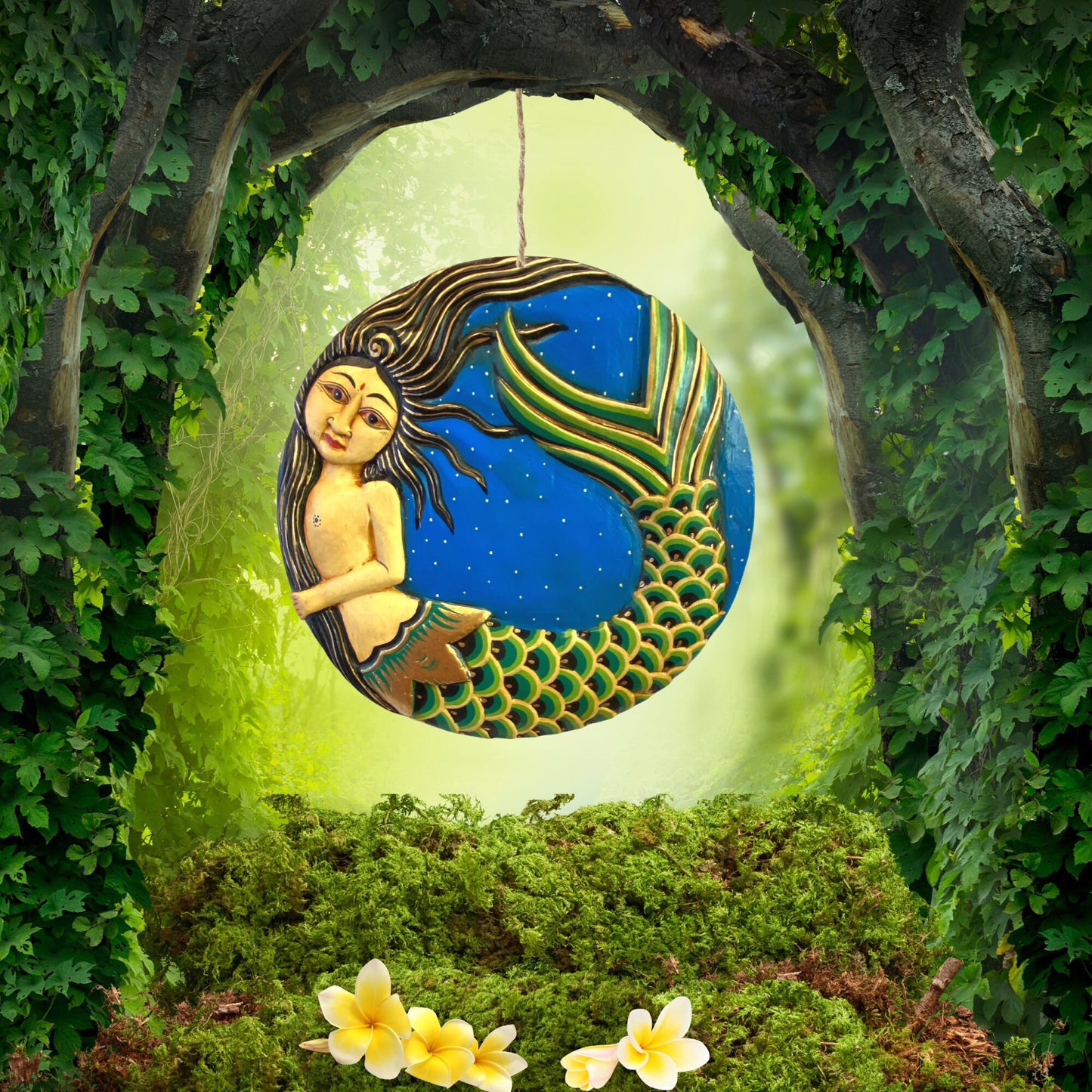 Balinese Mermaid Hanging Mobile Moon Goddess Hanging Mobile Hand Carved & Painted Wood Carving Celestial Moon Stars Bali Folk Art