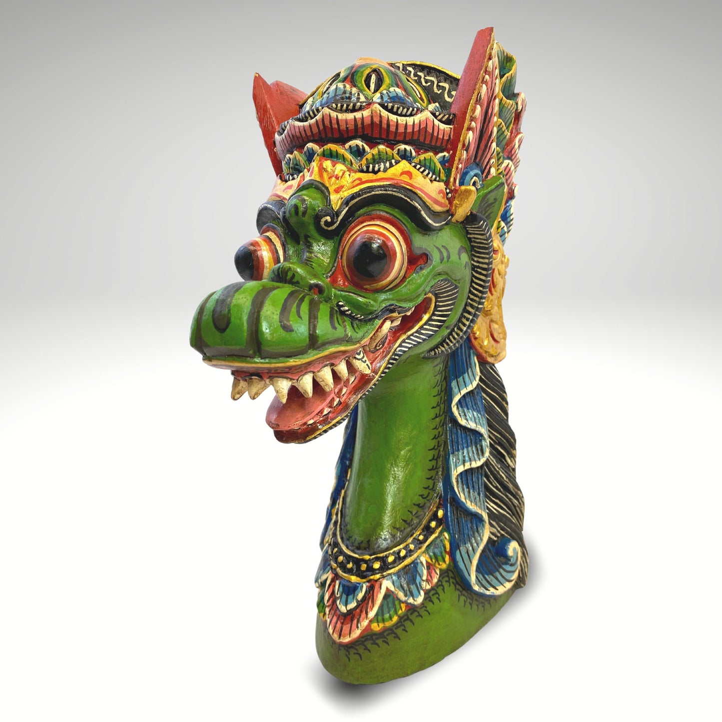Cosmic Dragon Balinese Mask Head Naga Busuki Bust Statue Hand Painted Polychrome Sculpture art hand carved wood Bali Folk Art