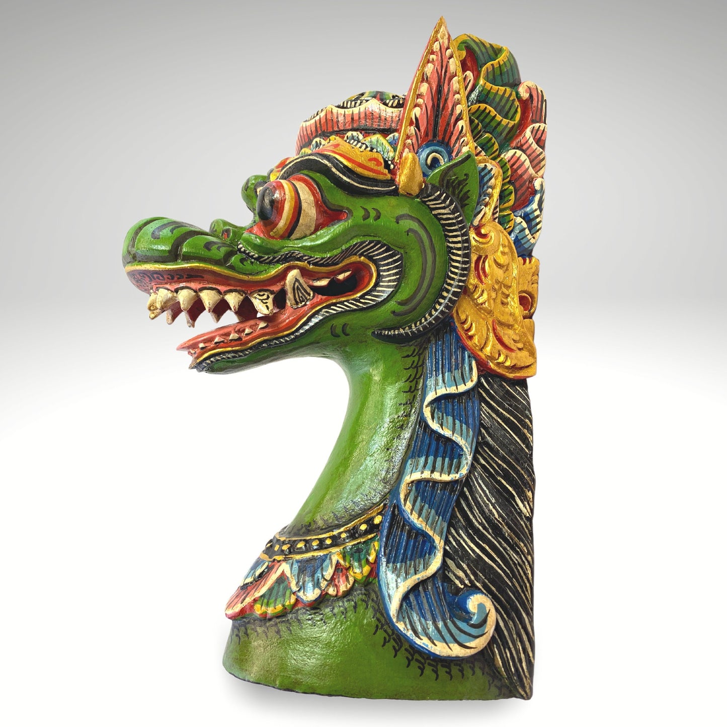 Cosmic Dragon Balinese Mask Head Naga Busuki Bust Statue Hand Painted Polychrome Sculpture art hand carved wood Bali Folk Art