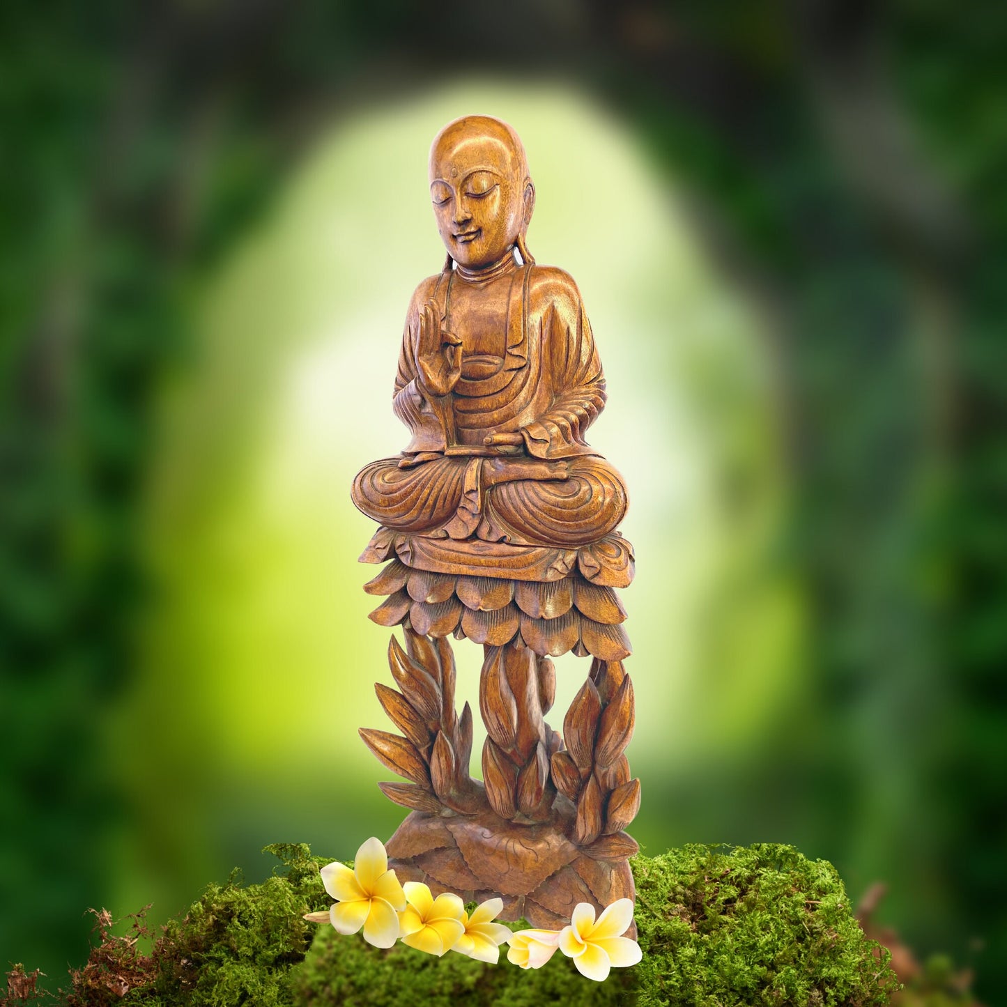 Teaching Buddha Statue Seated Upon Lotus Throne Vitarka Mudra Pose Balinese Art Hand Carved Wood carving Handcrafted Eclectic Bali 32" - Acadia World Traders