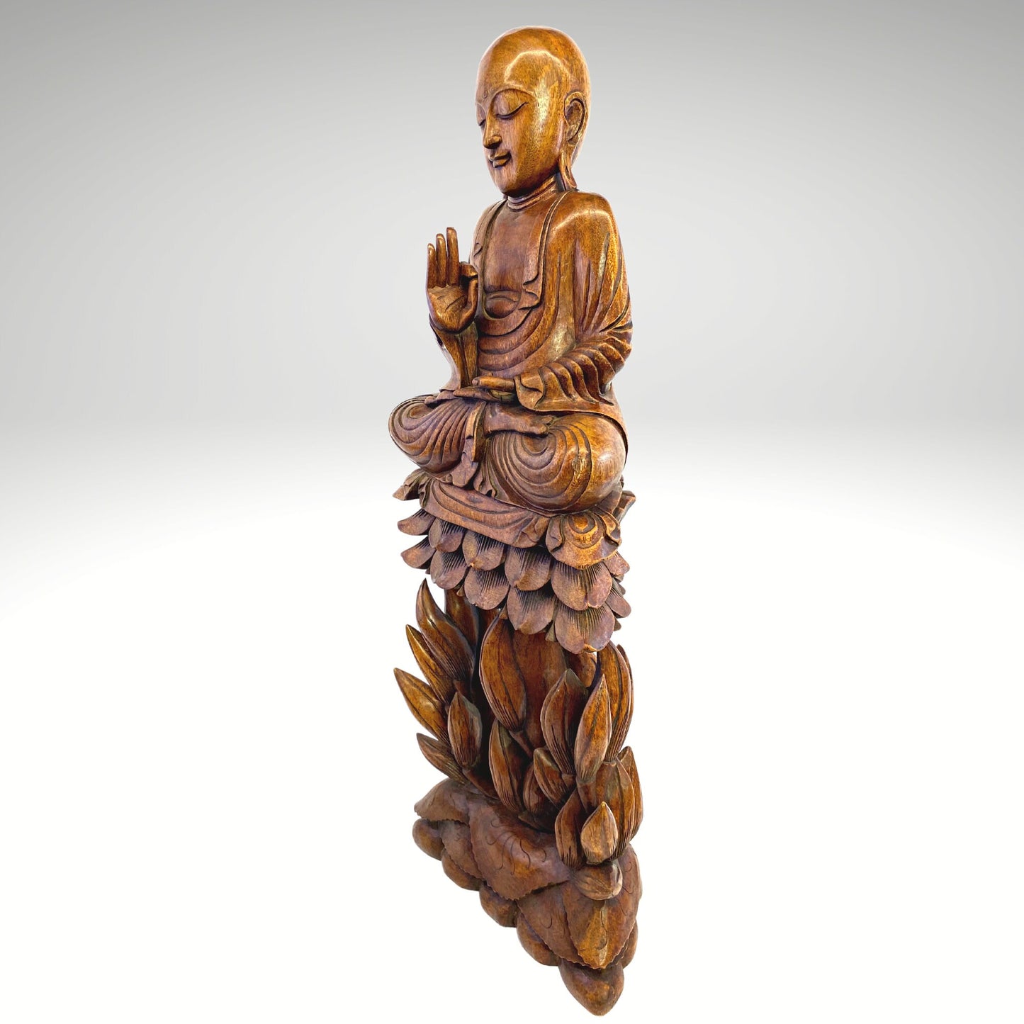 Teaching Buddha Statue Seated Upon Lotus Throne Vitarka Mudra Pose Balinese Art Hand Carved Wood carving Handcrafted Eclectic Bali 32" - Acadia World Traders
