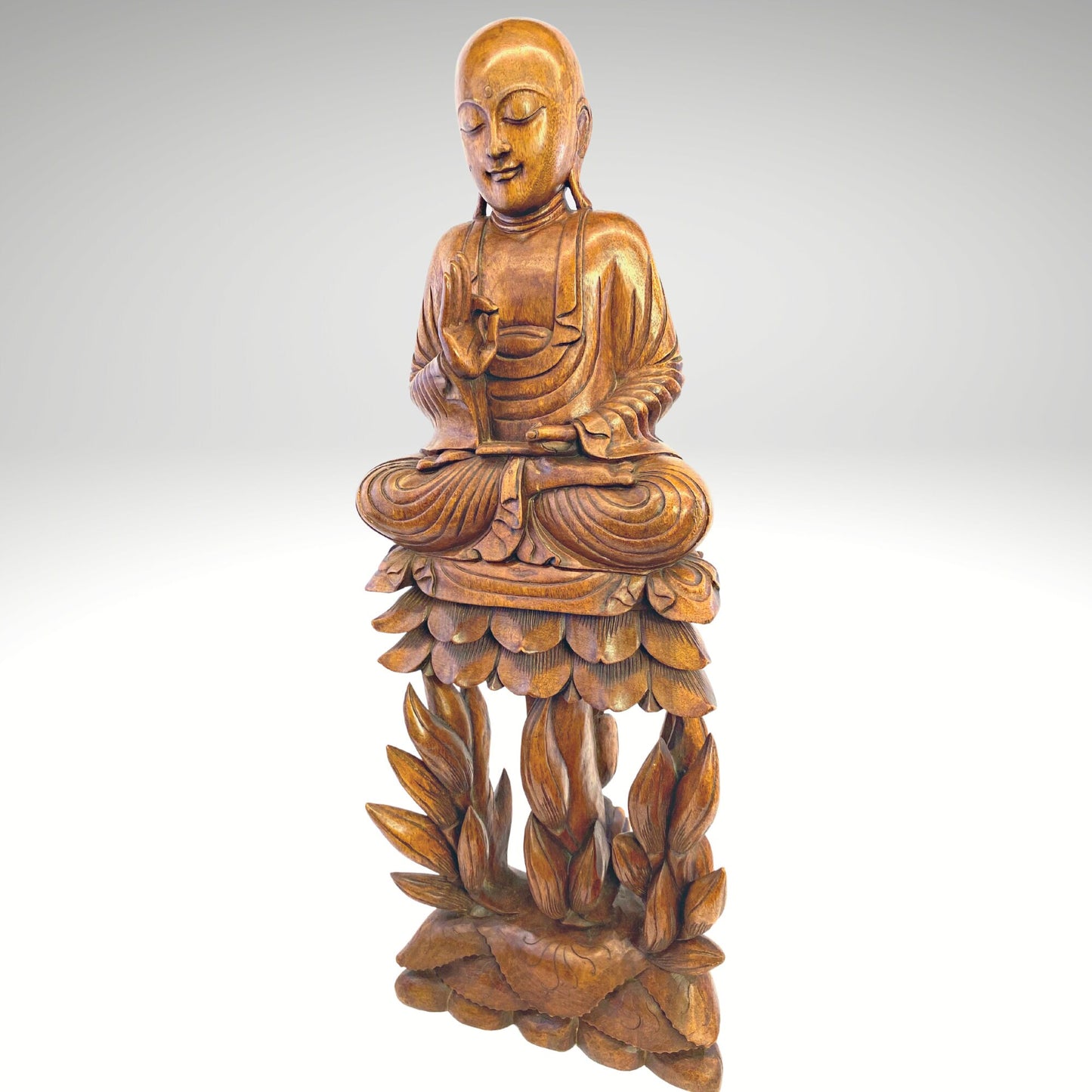 Teaching Buddha Statue Seated Upon Lotus Throne Vitarka Mudra Pose Balinese Art Hand Carved Wood carving Handcrafted Eclectic Bali 32" - Acadia World Traders