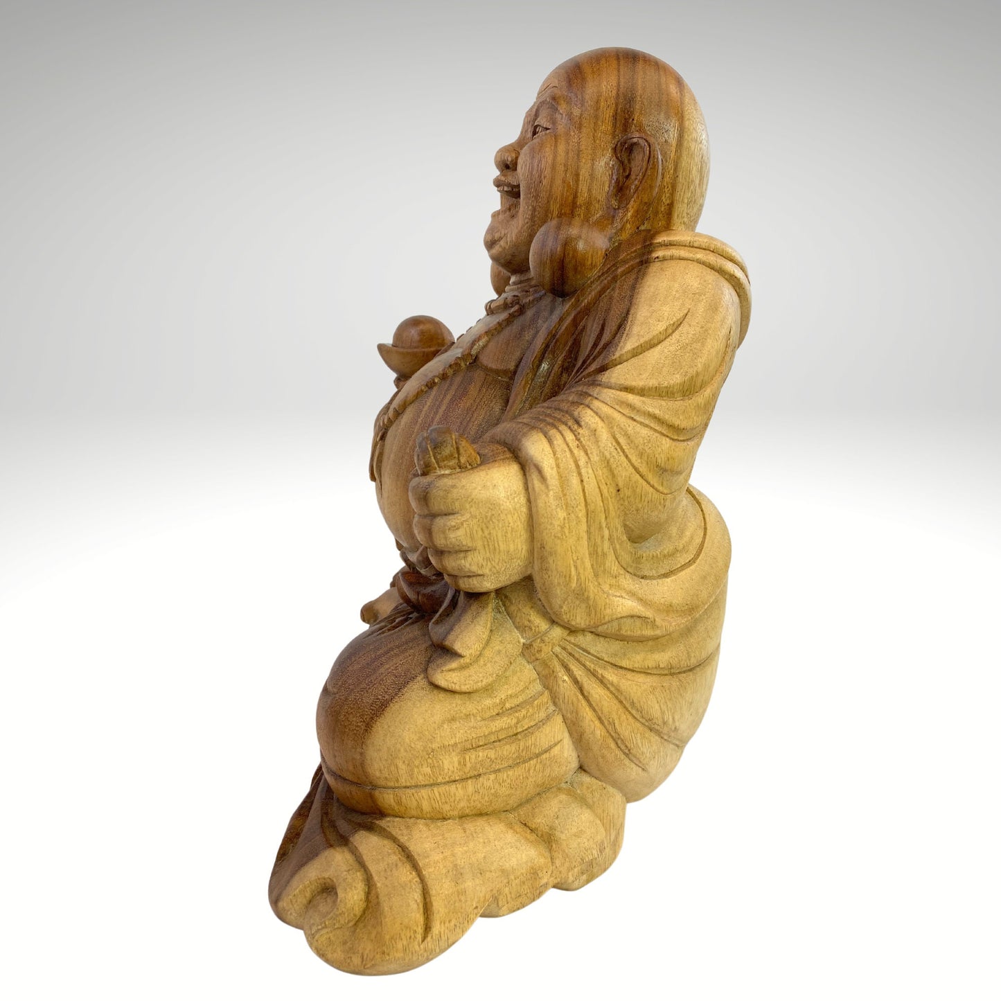 Vintage Hotei Laughing Buddha Sculpture Budai Monk Prosperity Good Luck Fortune Statue hand carved suar wood Carving Bali Art