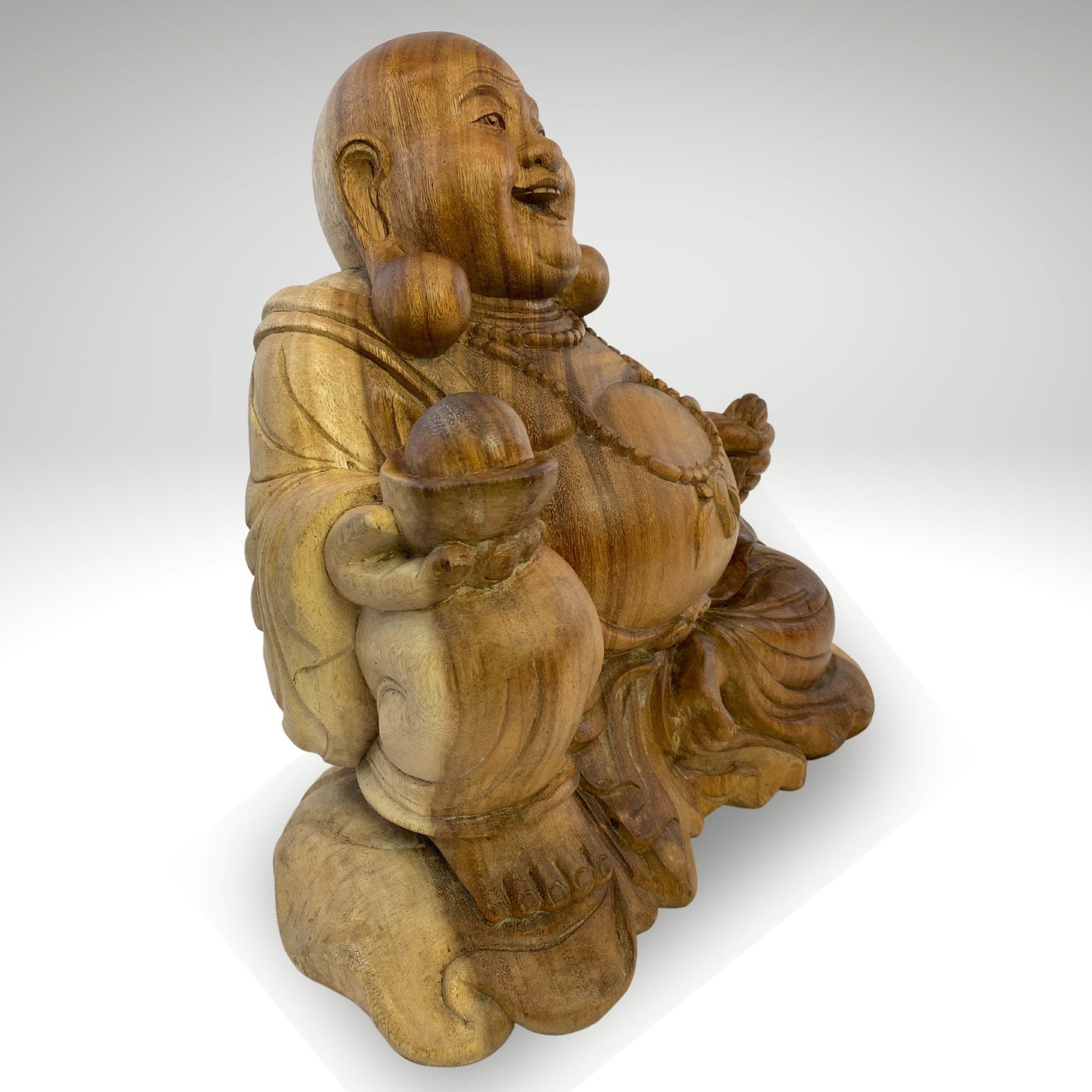 Vintage Hotei Laughing Buddha Sculpture Budai Monk Prosperity Good Luck Fortune Statue hand carved suar wood Carving Bali Art