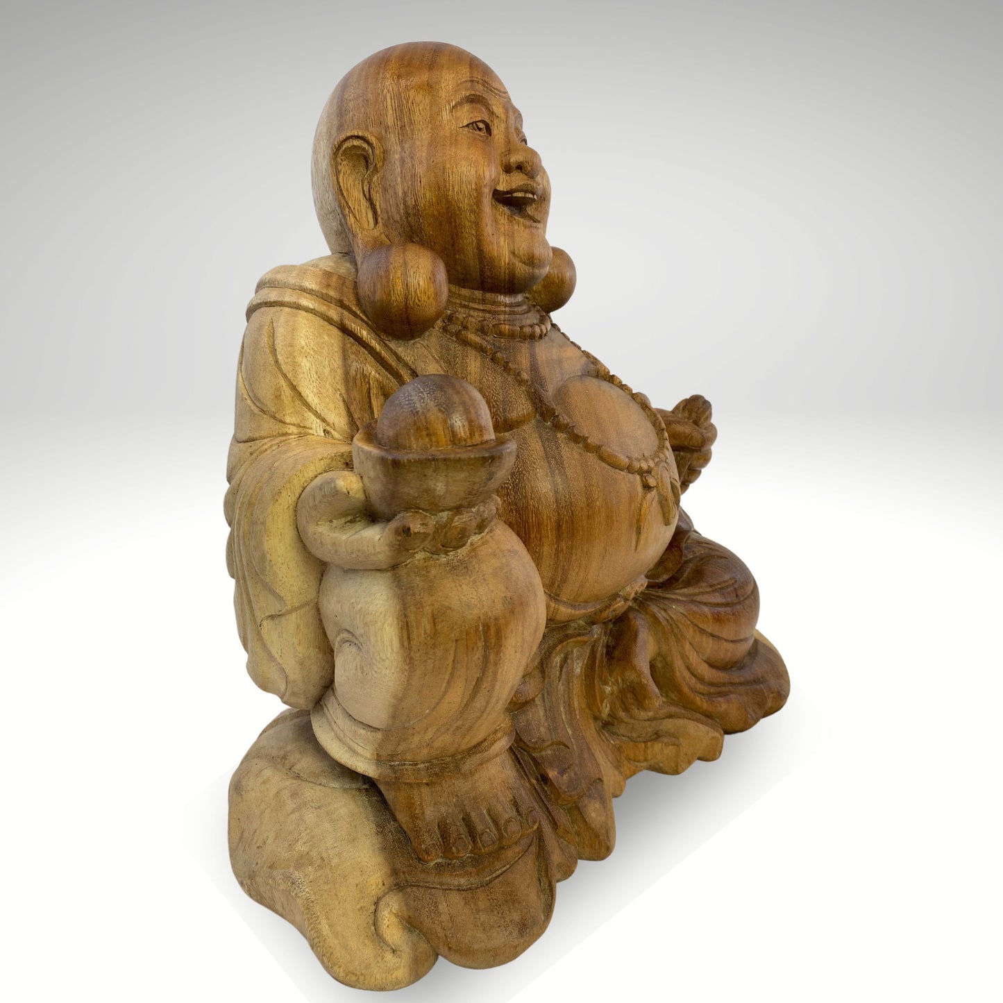 Vintage Hotei Laughing Buddha Sculpture Budai Monk Prosperity Good Luck Fortune Statue hand carved suar wood Carving Bali Art
