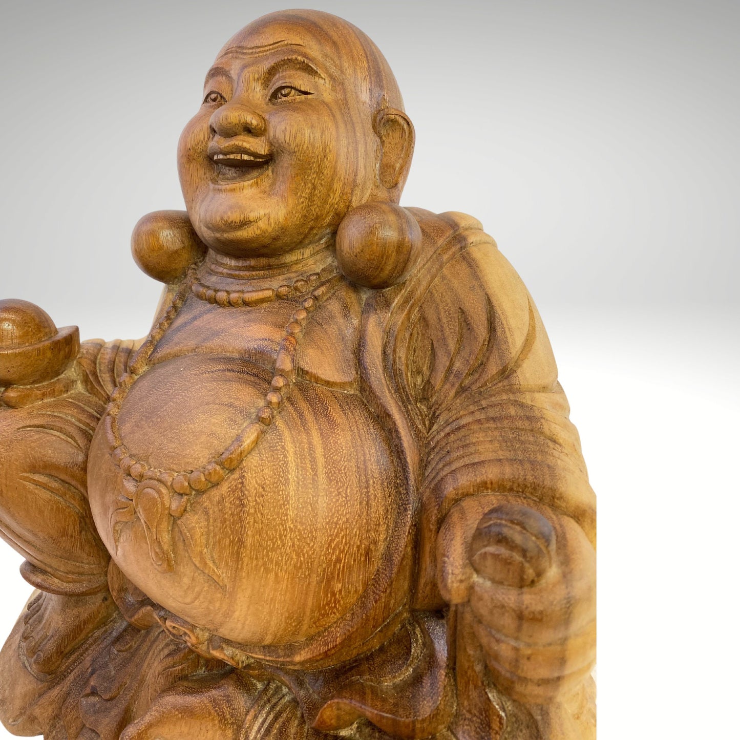 Vintage Hotei Laughing Buddha Sculpture Budai Monk Prosperity Good Luck Fortune Statue hand carved suar wood Carving Bali Art