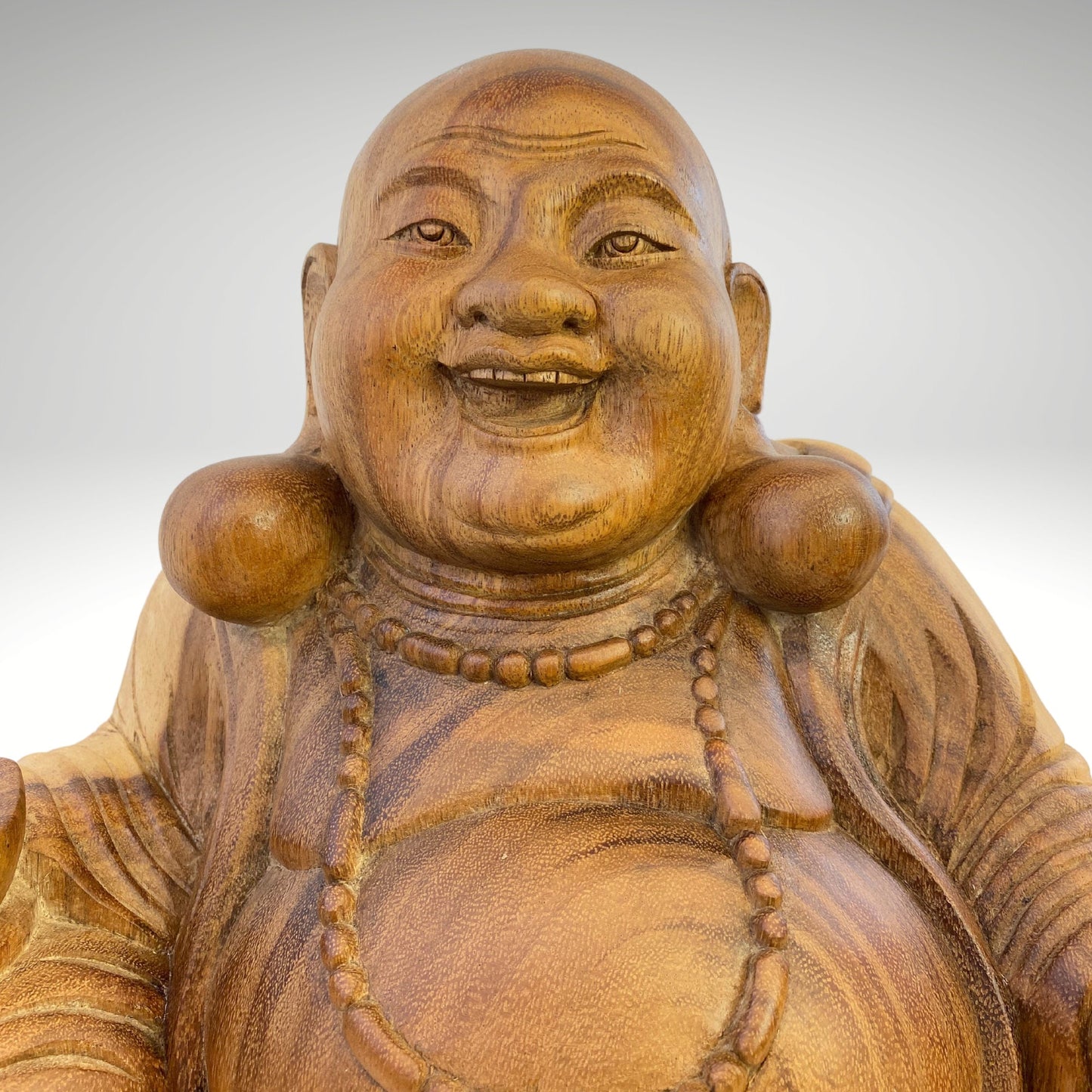 Vintage Hotei Laughing Buddha Sculpture Budai Monk Prosperity Good Luck Fortune Statue hand carved suar wood Carving Bali Art