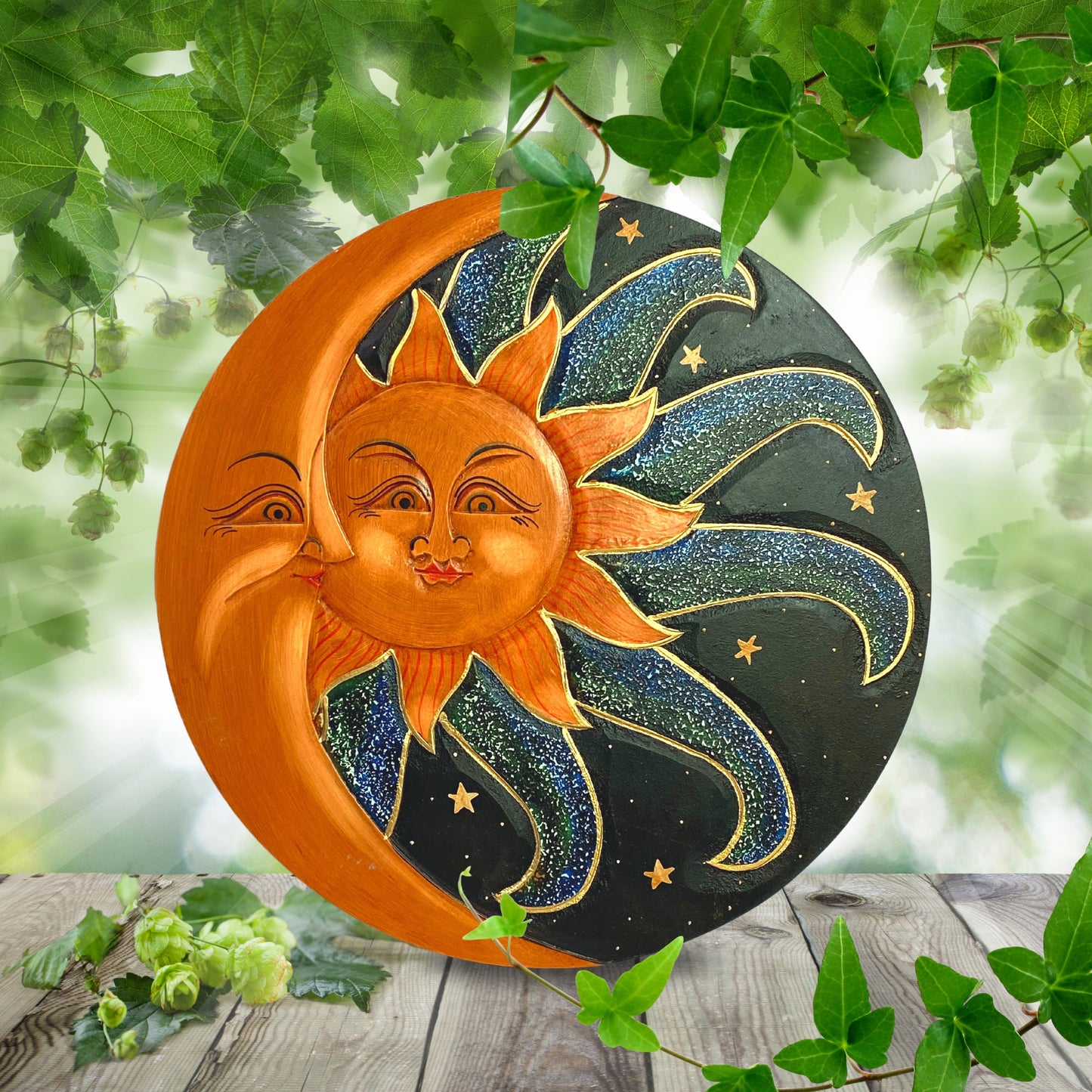 Sunburst Sun & Moon Wall sculpture plaque art Love Celestial Half MOON Celestial Carved hand painted Bali Balinese folk art Blue Green