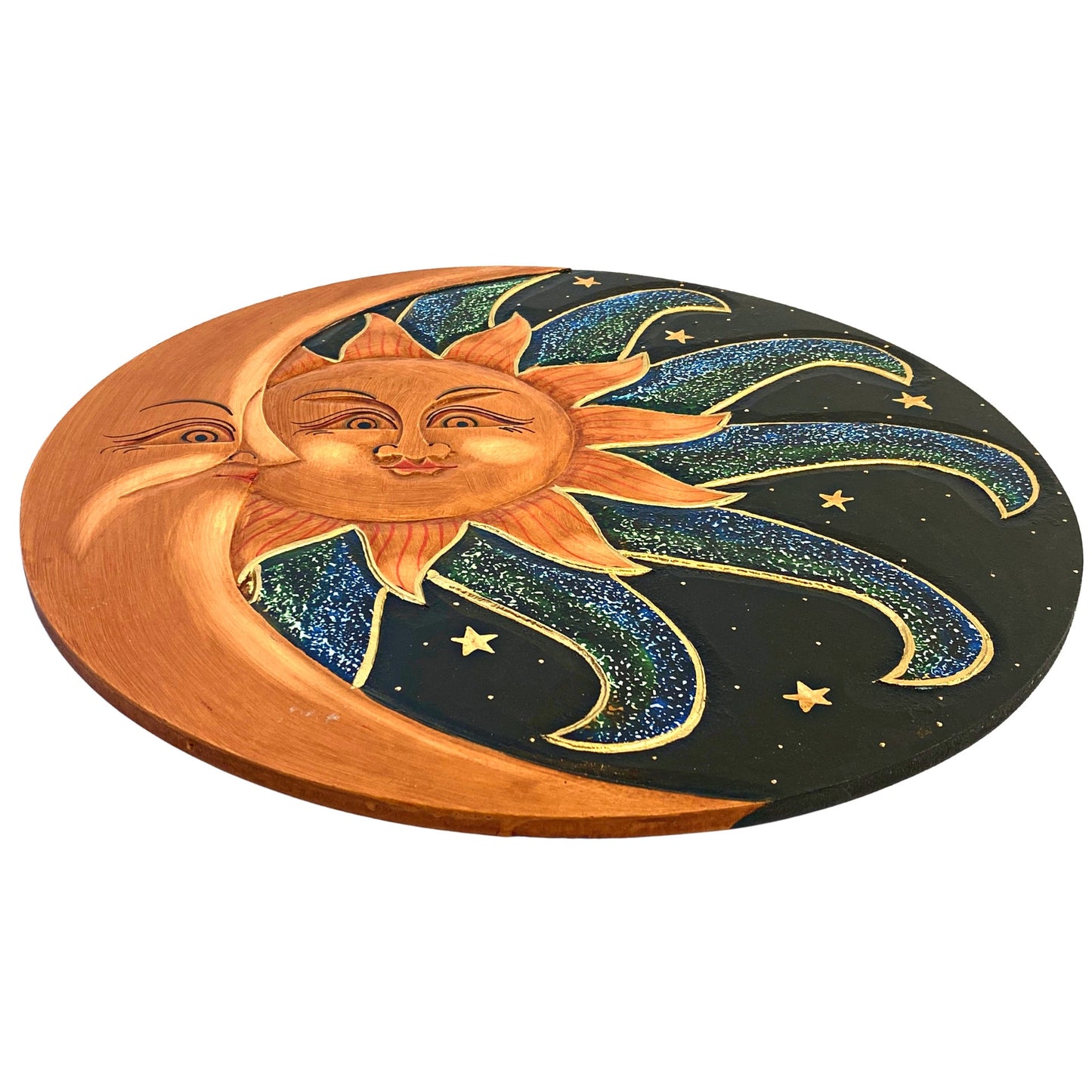 Sunburst Sun & Moon Wall sculpture plaque art Love Celestial Half MOON Celestial Carved hand painted Bali Balinese folk art Blue Green