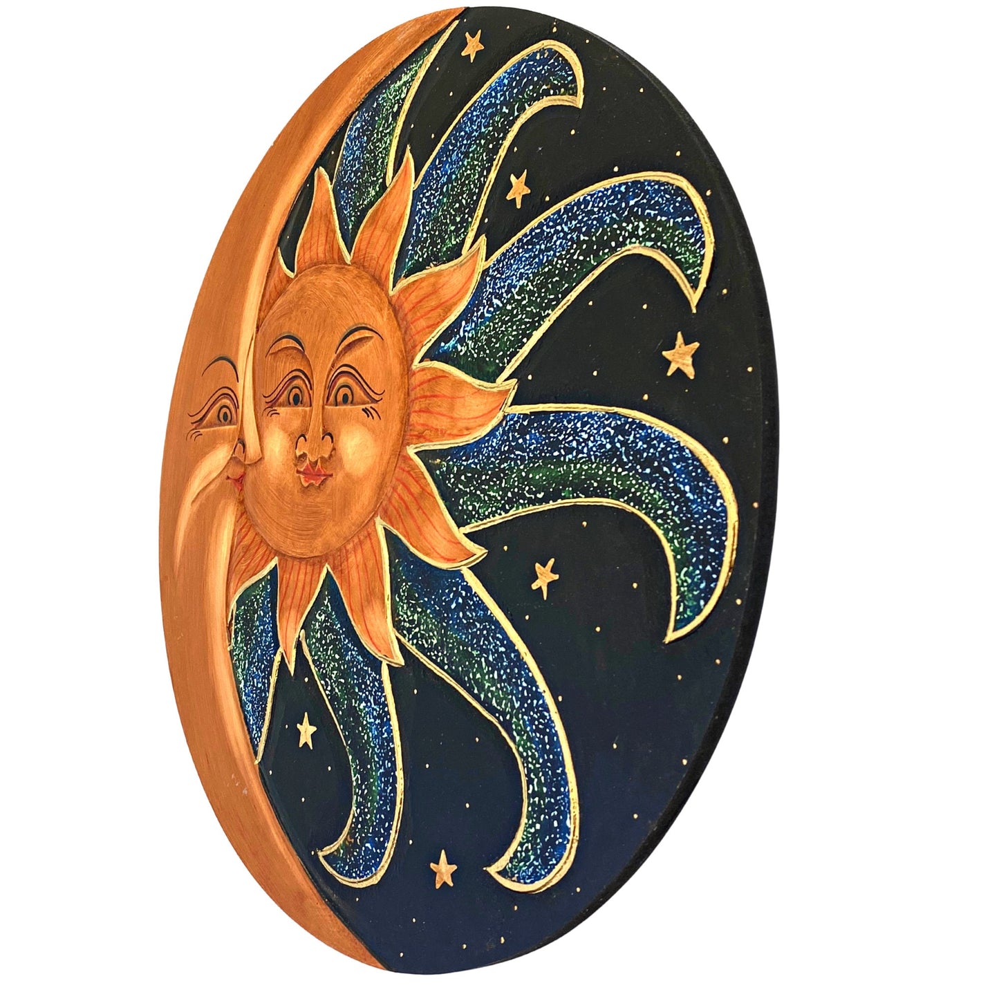 Sunburst Sun & Moon Wall sculpture plaque art Love Celestial Half MOON Celestial Carved hand painted Bali Balinese folk art Blue Green