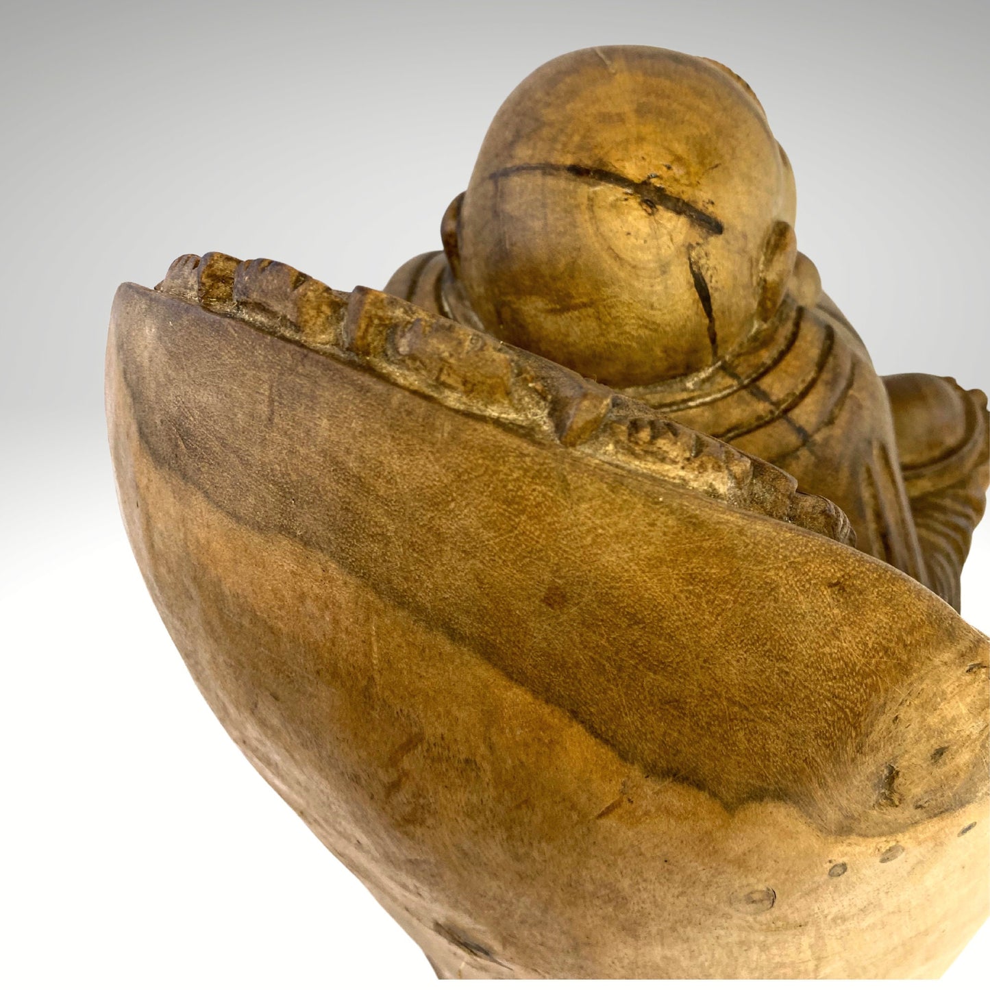 Vintage Hotei Statue Laughing Buddha Traveling Budai Monk Sculpture Prosperity Good Luck Fortune hand carved suar wood Carving Bali Art - Acadia World Traders