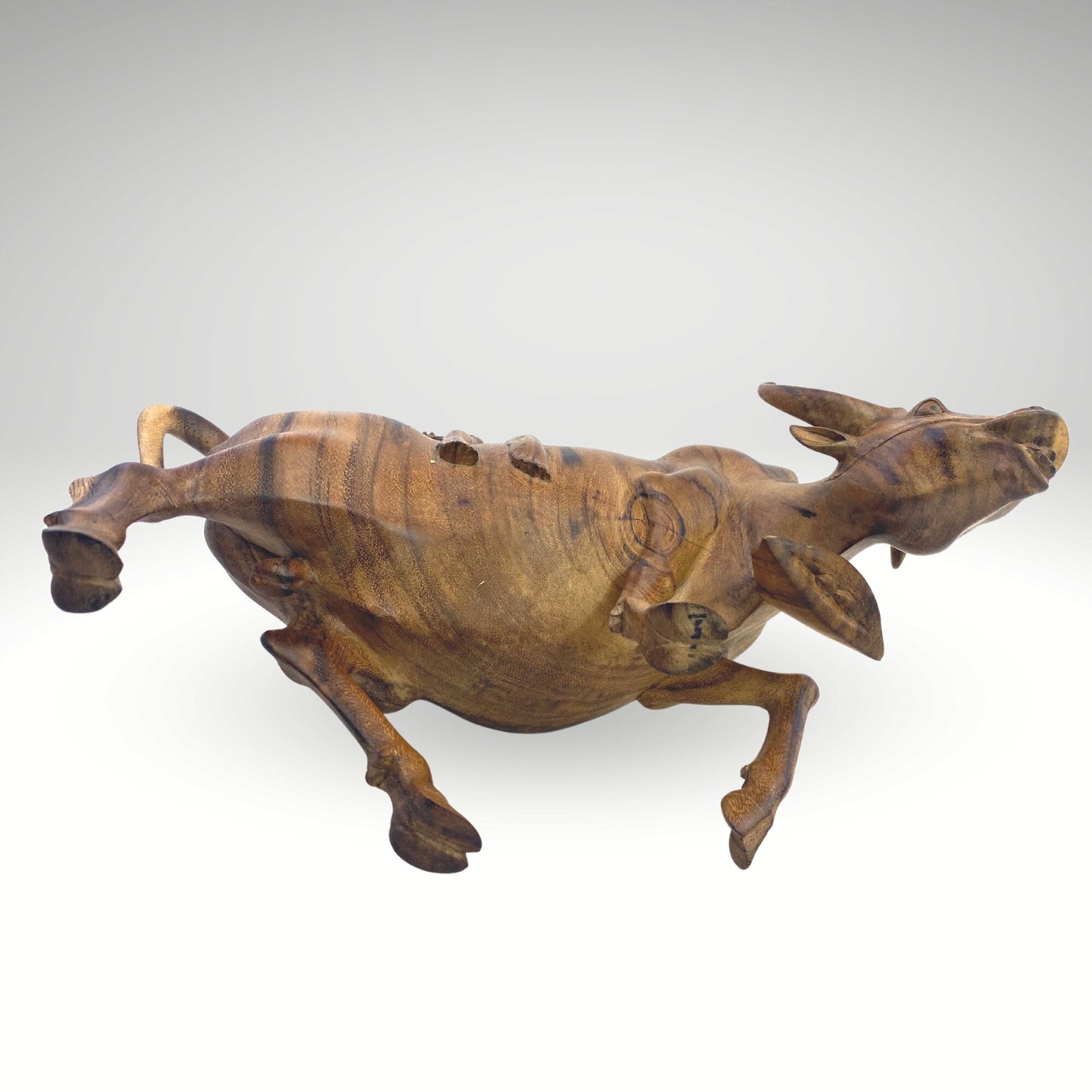 Balinese Playful Boys Riding Water Buffalo While Playing Flute Sculpture Statue Wood Carving hand carved wood Carving Vintage Bali folk Art - Acadia World Traders