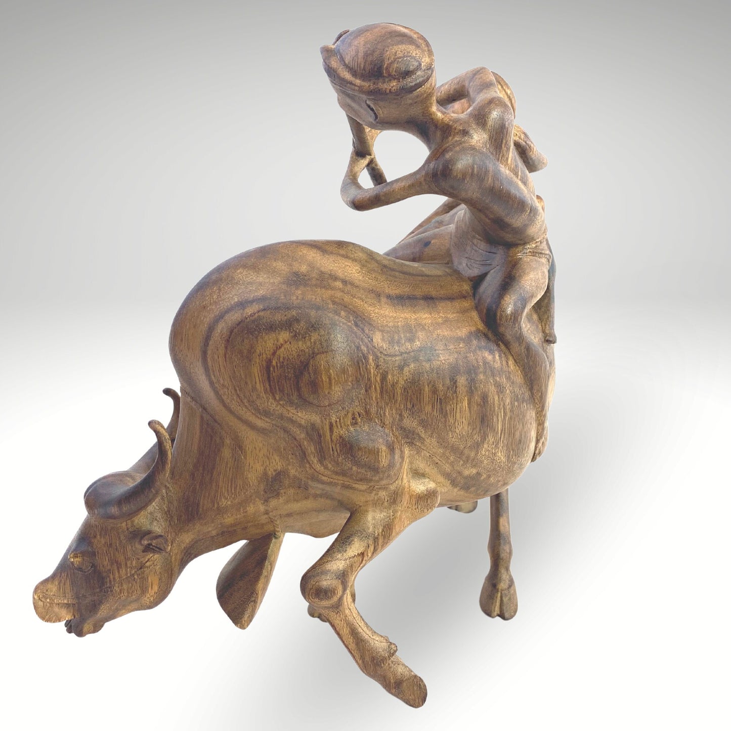 Balinese Playful Boys Riding Water Buffalo While Playing Flute Sculpture Statue Wood Carving hand carved wood Carving Vintage Bali folk Art - Acadia World Traders