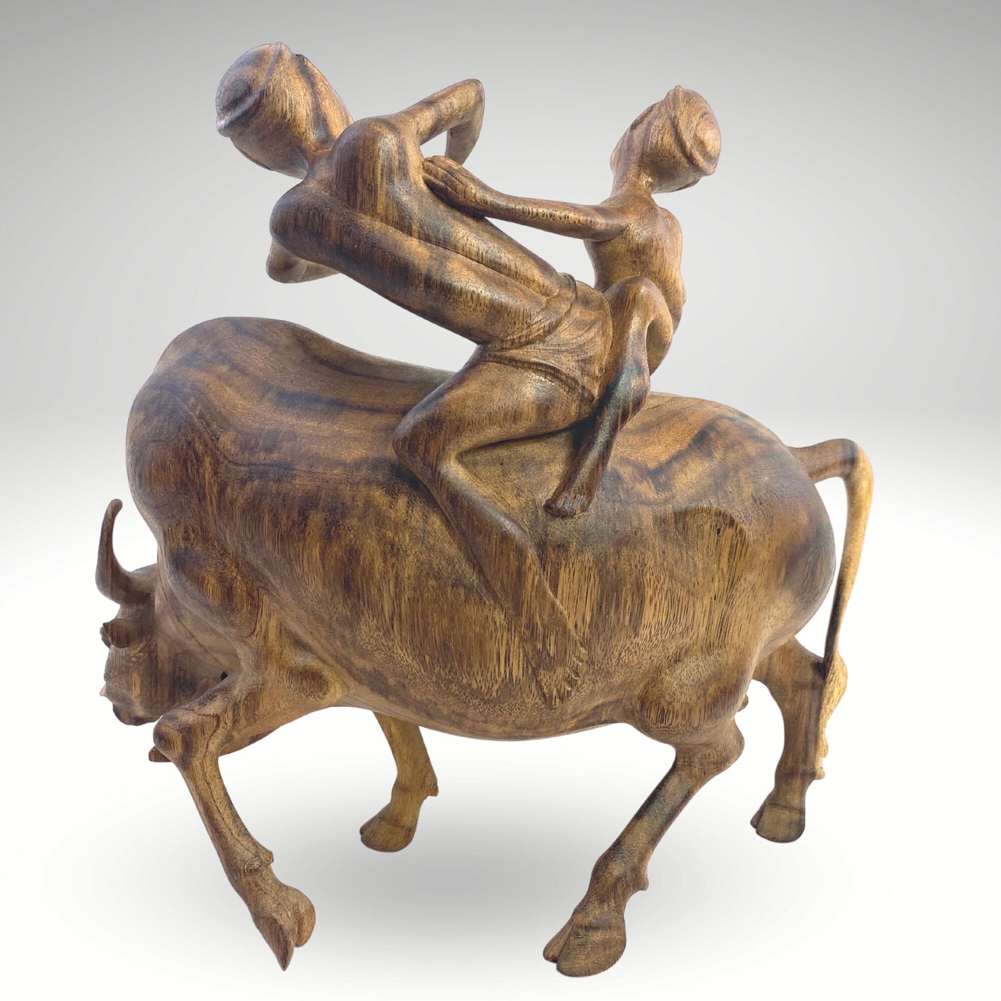 Balinese Playful Boys Riding Water Buffalo While Playing Flute Sculpture Statue Wood Carving hand carved wood Carving Vintage Bali folk Art - Acadia World Traders