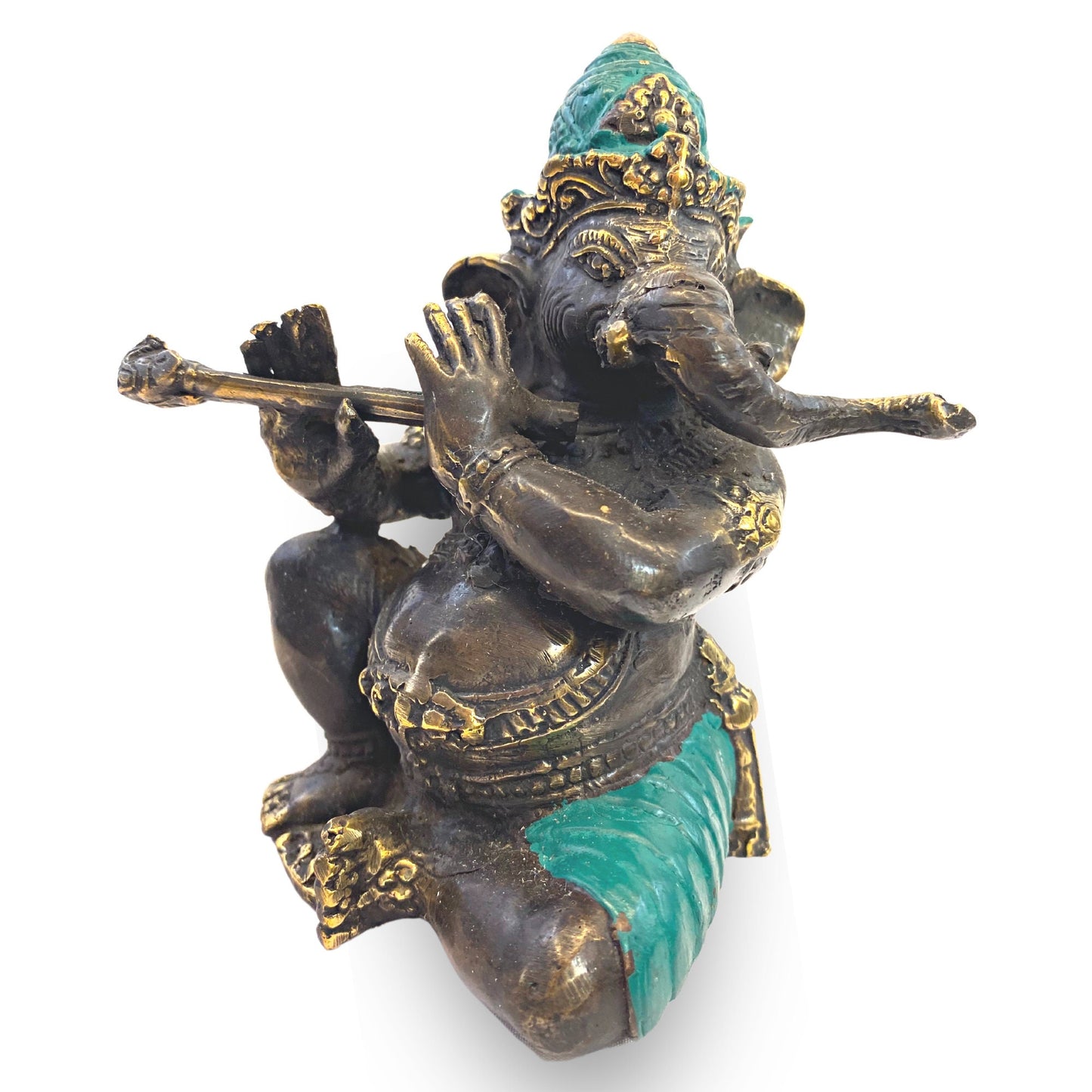 Ganapati Ganesha Murti Playing Flute Sculpture Cast Bronze Statue Hindu Elephant God Handmade lost wax cast Bali Art 5.5" - Acadia World Traders