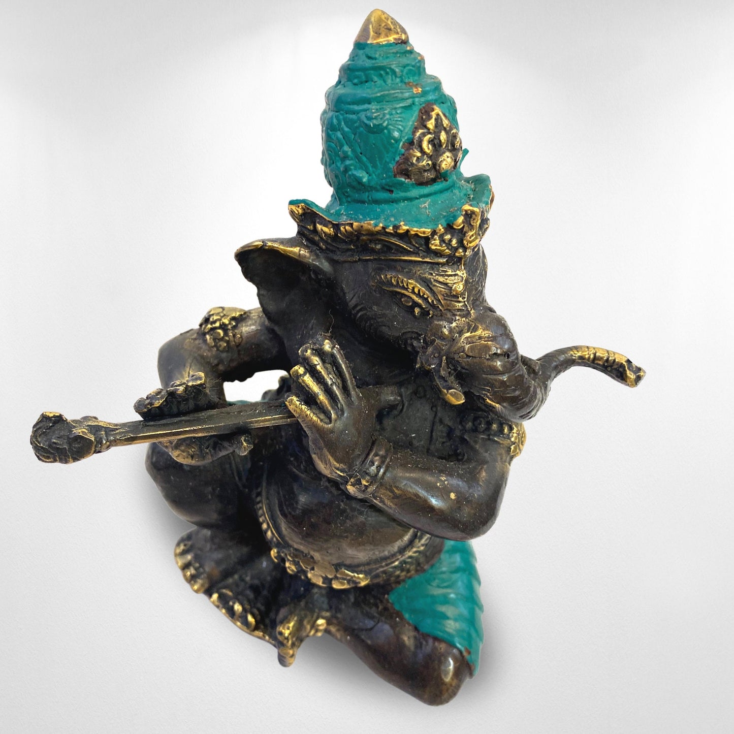 Bronze Ganesha Playing Flute Sculpture: Lost Wax Cast Bronze Metal Hindu Elephant God Statue