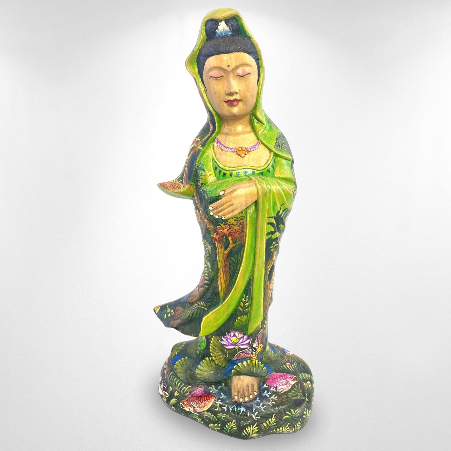 Guanyin Kwan Yin Bodhisattva Buddhist Goddess Compassion Sculpture Hand Carved Wood Carving Miniature painting Statue Bali Art - Acadia World Traders