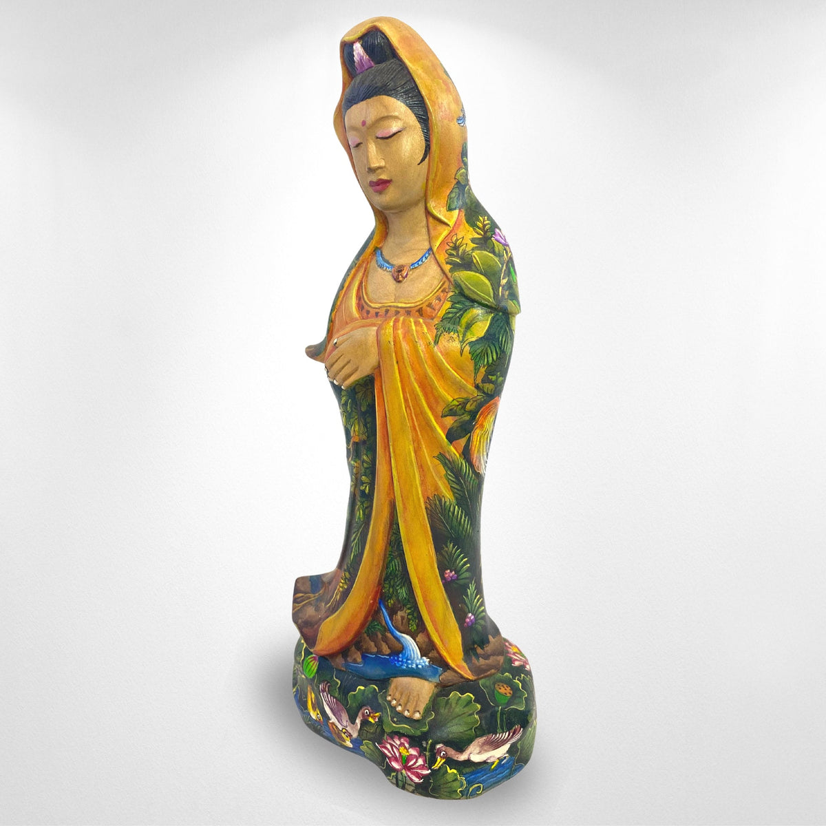 Hand Carved Kwan Yin Statue: Crocodile Wood, Balinese Landscape Art