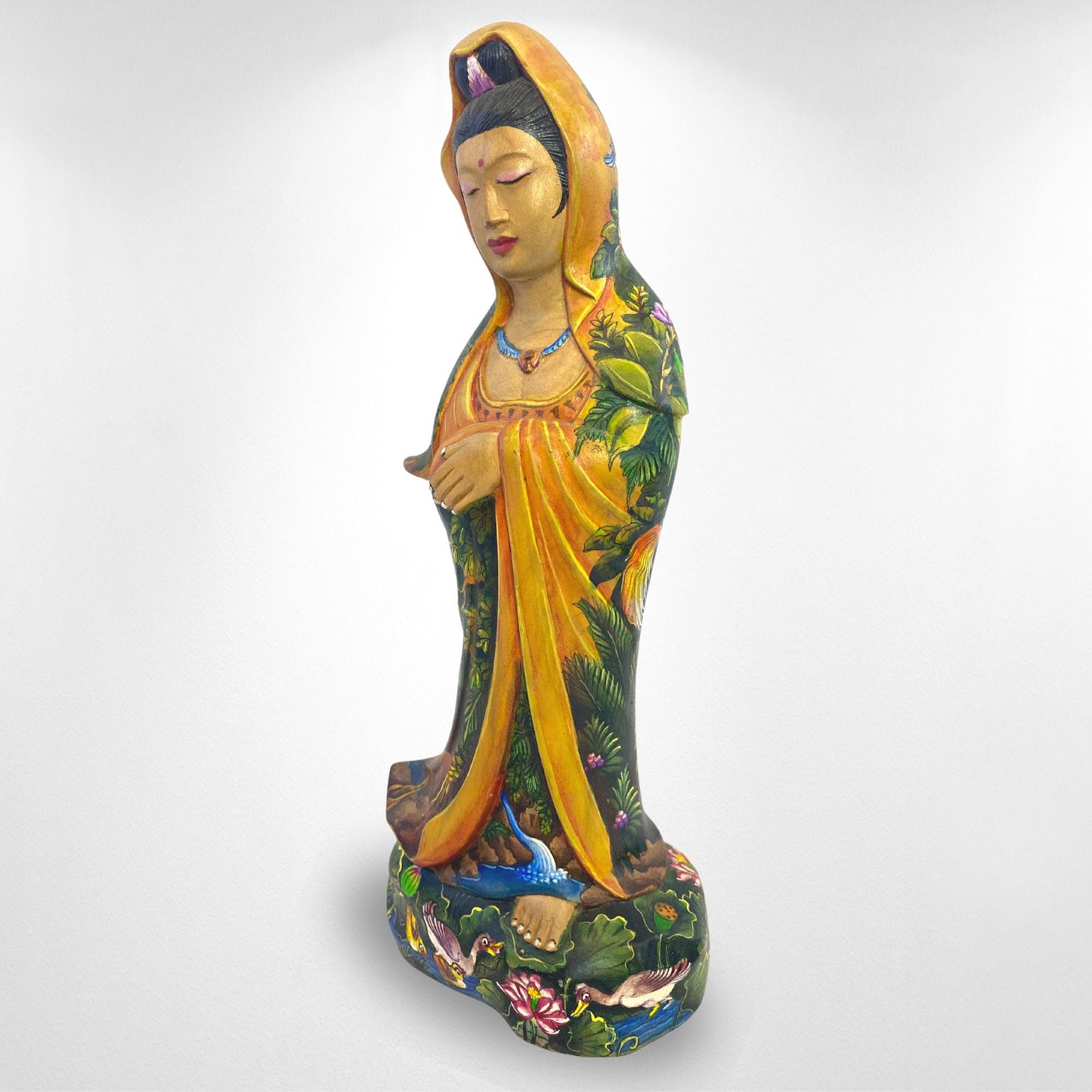 Hand Carved Kwan Yin Statue: Crocodile Wood, Balinese Landscape Art