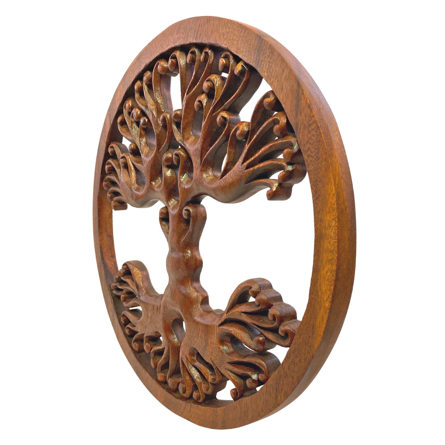 Tree of life Wooden Wall Art Sculpture Plaque Panel Hand Carved Suar wood carving Bali folk Art handmade Boho Eclectic decor - Acadia World Traders