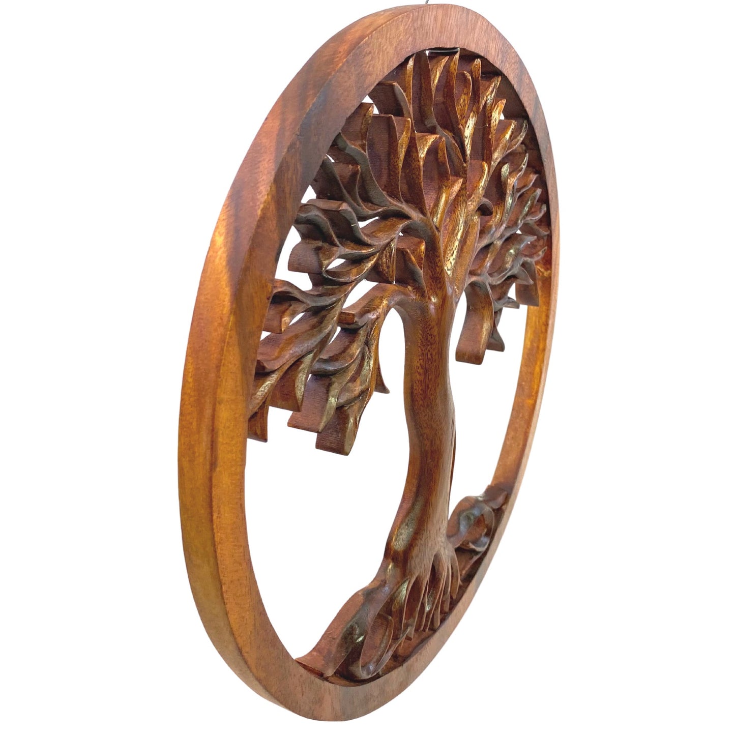 Tree of life Wooden Wall Art Sculpture Plaque Panel Hand Carved Suar Wood Carving Bali folk Art handmade Boho Eclectic Decor - Acadia World Traders
