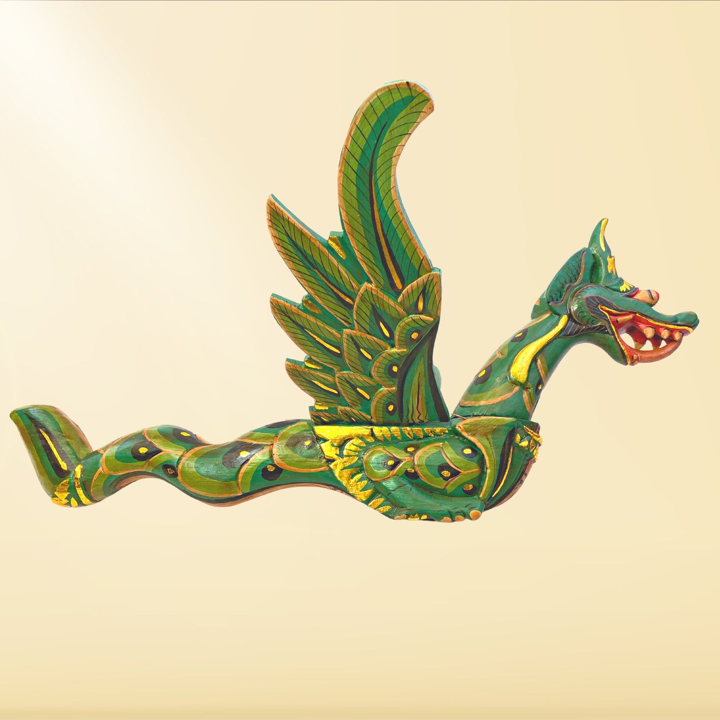 Flying Dragon Spiritchaser Hanging Mobile Wooden Demon Chaser Hand carved wood Carving Balinese Folk Art Green 12”